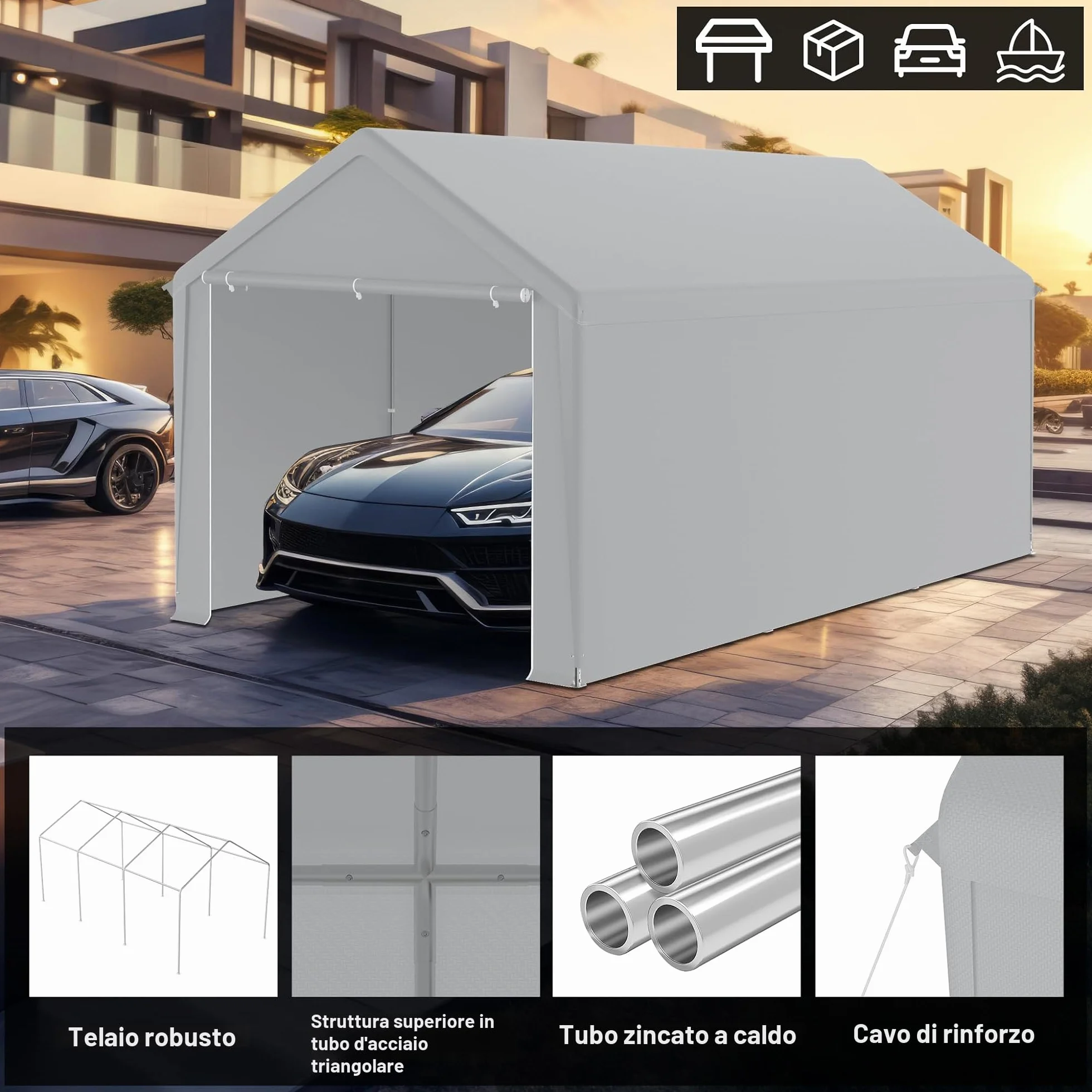 FIVMEN Carport tenda da campeggio 3 x 6 m con pareti laterali rimovibili resistente all'inverno grigio