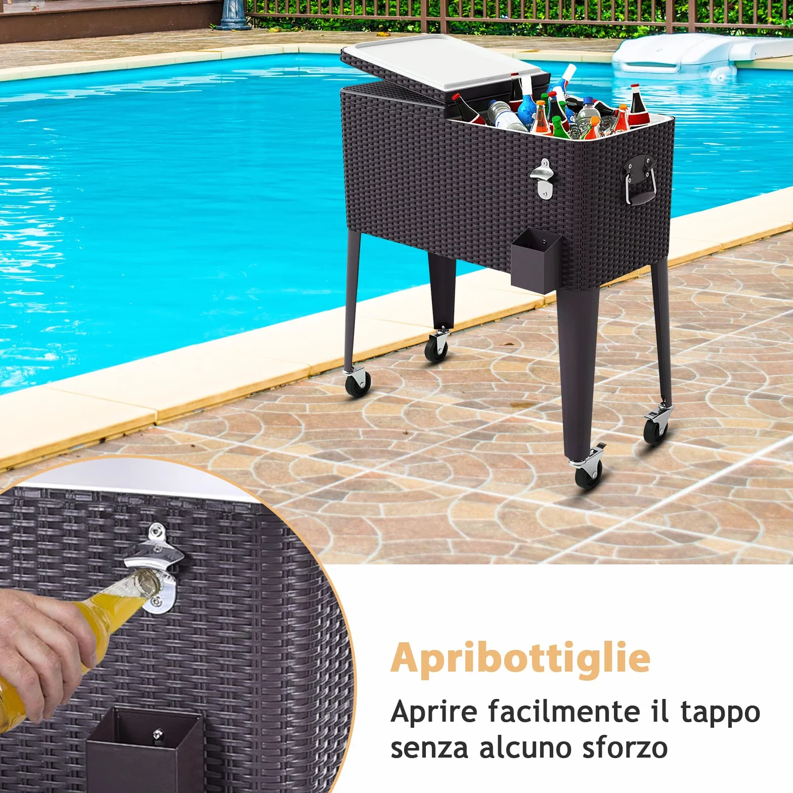 COSTWAY Carrello Portavivande Refrigerante Rattan 76L, Carrello Portaghiaccio con Ruote Bloccabili, Apribottiglie, 83x48x87 cm