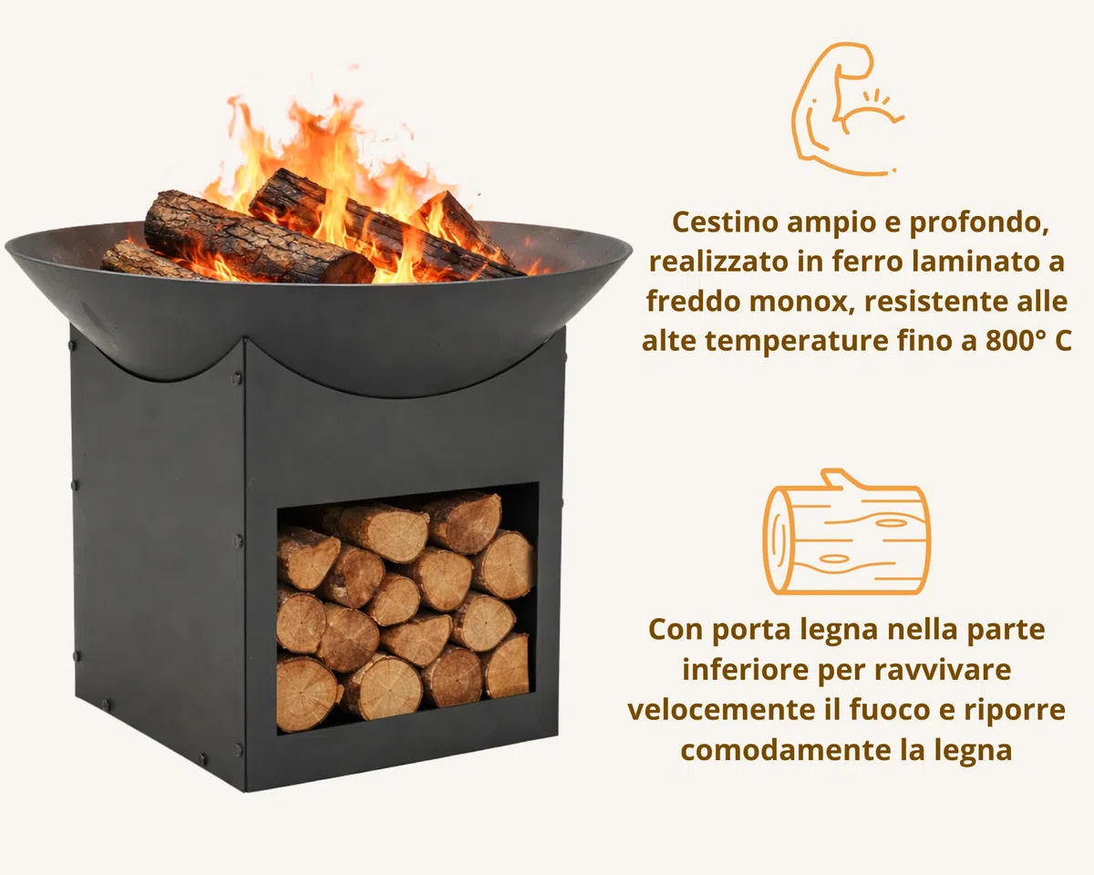 Braciere da Esterno Giardino con Porta Legna Terrazzo Cestino in Ferro per Legna Ciotola per Fuoco Braciere Rotondo Diametro 57 cm Altezza 41 cm Colore Nero Mod. Brisbanne