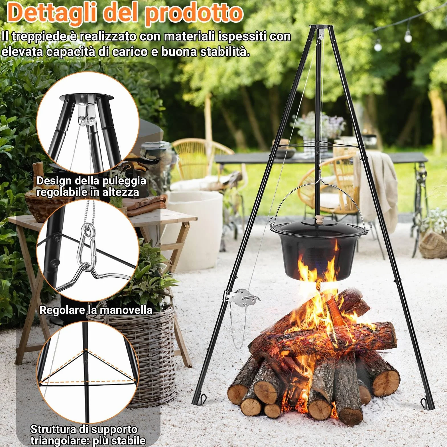 TLSUNNY Bollitore per Gulasch Ungherese Originale 10 L, Telaio per Treppiede con Regolazione, Set di Pentole per Gulasch, Pentola per Gulasch Smaltata, Treppiede Telescopico con Picchetti per Picnic