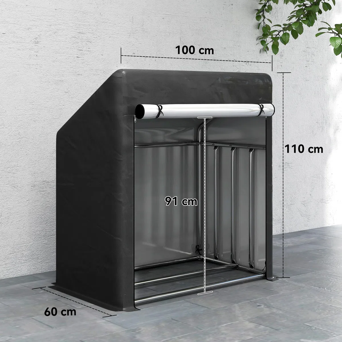 Outsunny Legnaia da Esterno in Acciaio Rinforzato, Portalegna Impermeabile 100x60x110 cm Nero Argento