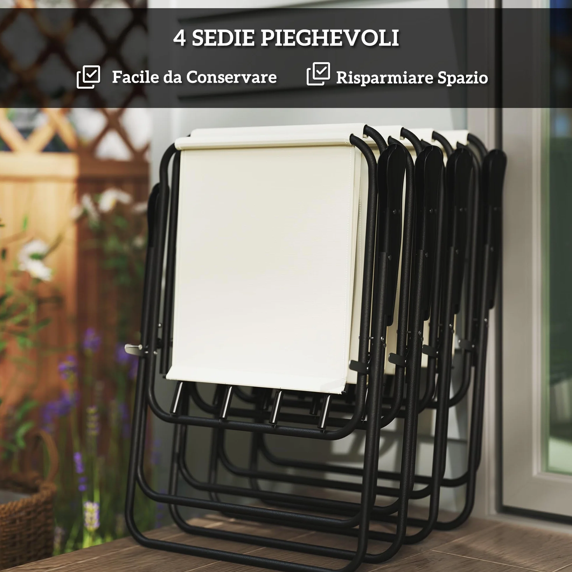 Outsunny Set Tavolo e Sedie da Giardino 6 Pezzi Acciaio Ombrellone, Mobili 4 Sedie Pieghevoli Textilene Tavolo Rotondo Vetro, Esterno Patio Terrazzo Crema