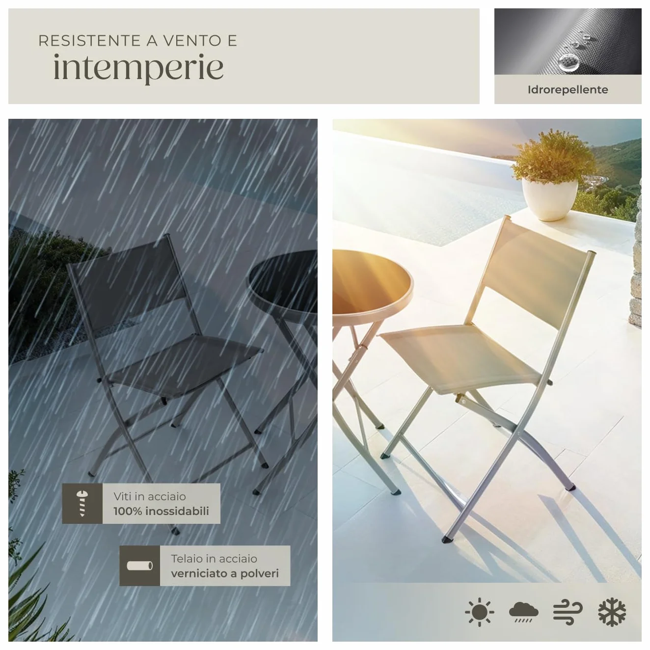 Set da Balcone Düsseldorf Tavolino Salotto con Piano in Vetro e 2 Sedie Mobili da Giardino con Telaio in Acciaio Richiudibile Trasportabile Design Moderno Grigio