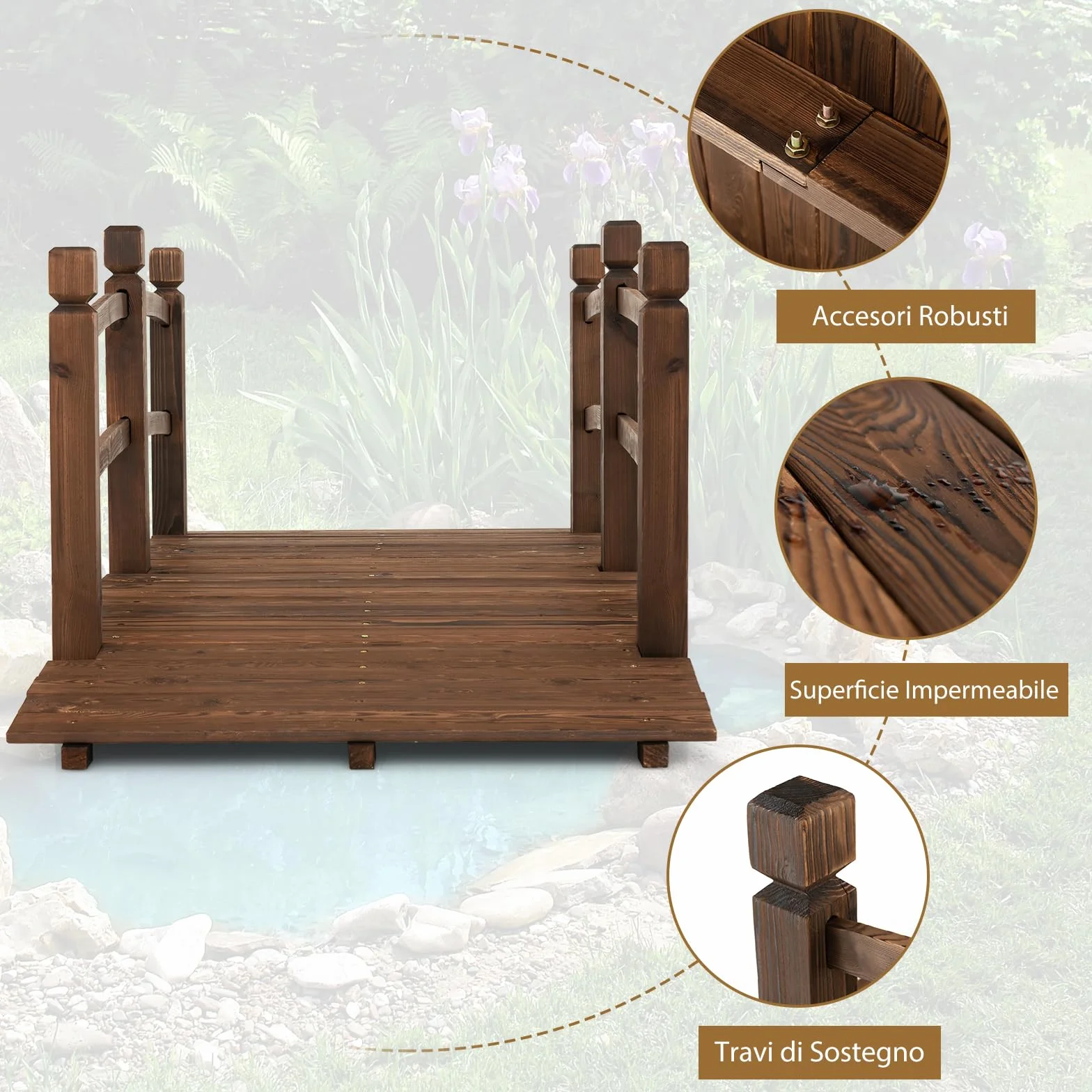 COSTWAY Ponte da Giardino in Legno di Abete 170 cm, Ponticello Decorativo con Ringhiere di Sicurezza, per Giardino Cortile e Fattoria, 171x76,5x58,5cm, Portata 180 kg