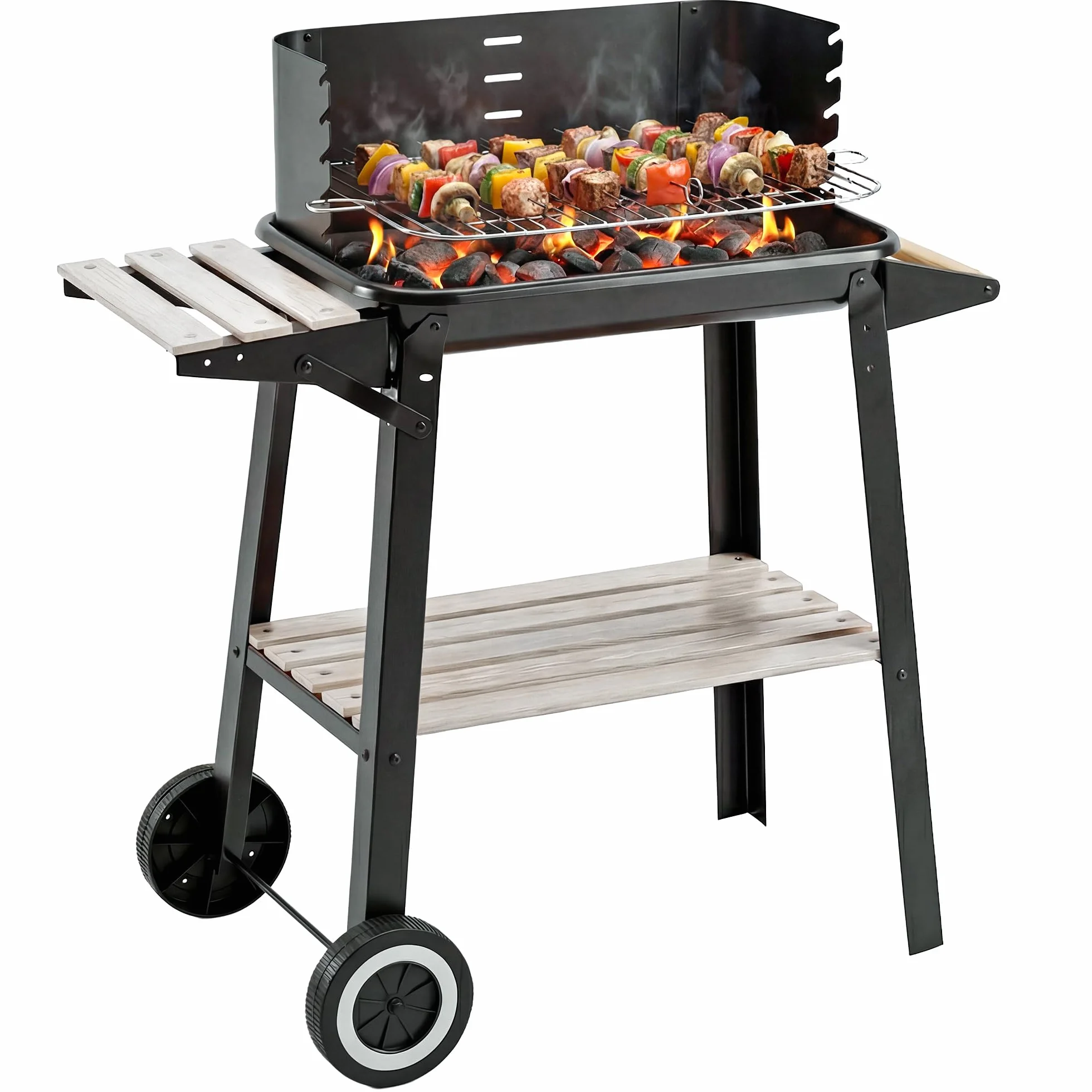 Outsunny Griglia a Carbone Barbecue BBQ Carrello Grill 83x37x87 cm Nero Ferro Legno