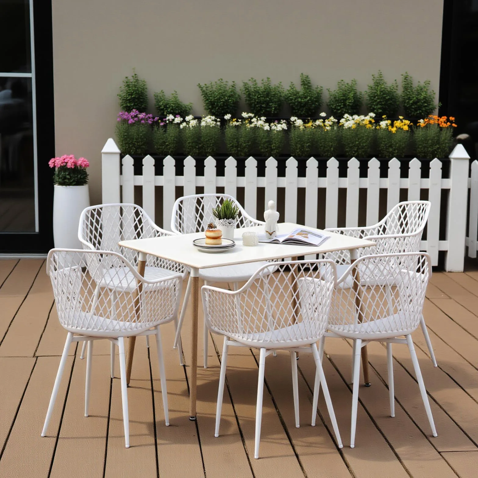 Set di 6 sedie da giardino con braccioli, resistenti fino a 120 kg, bianco