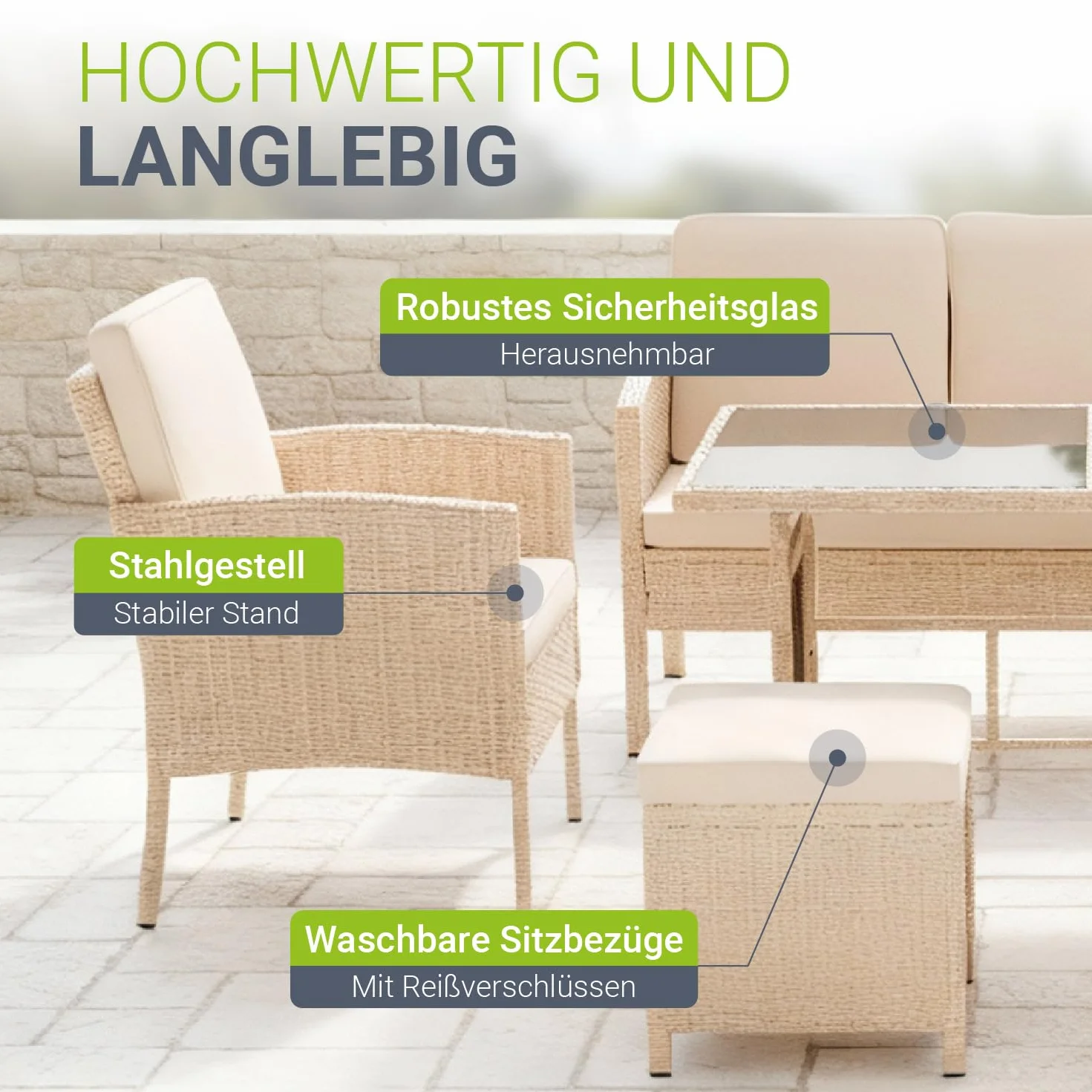 Juskys Salotto da Giardino Rattan Torino Set 6 pezzi 7 persone Crema