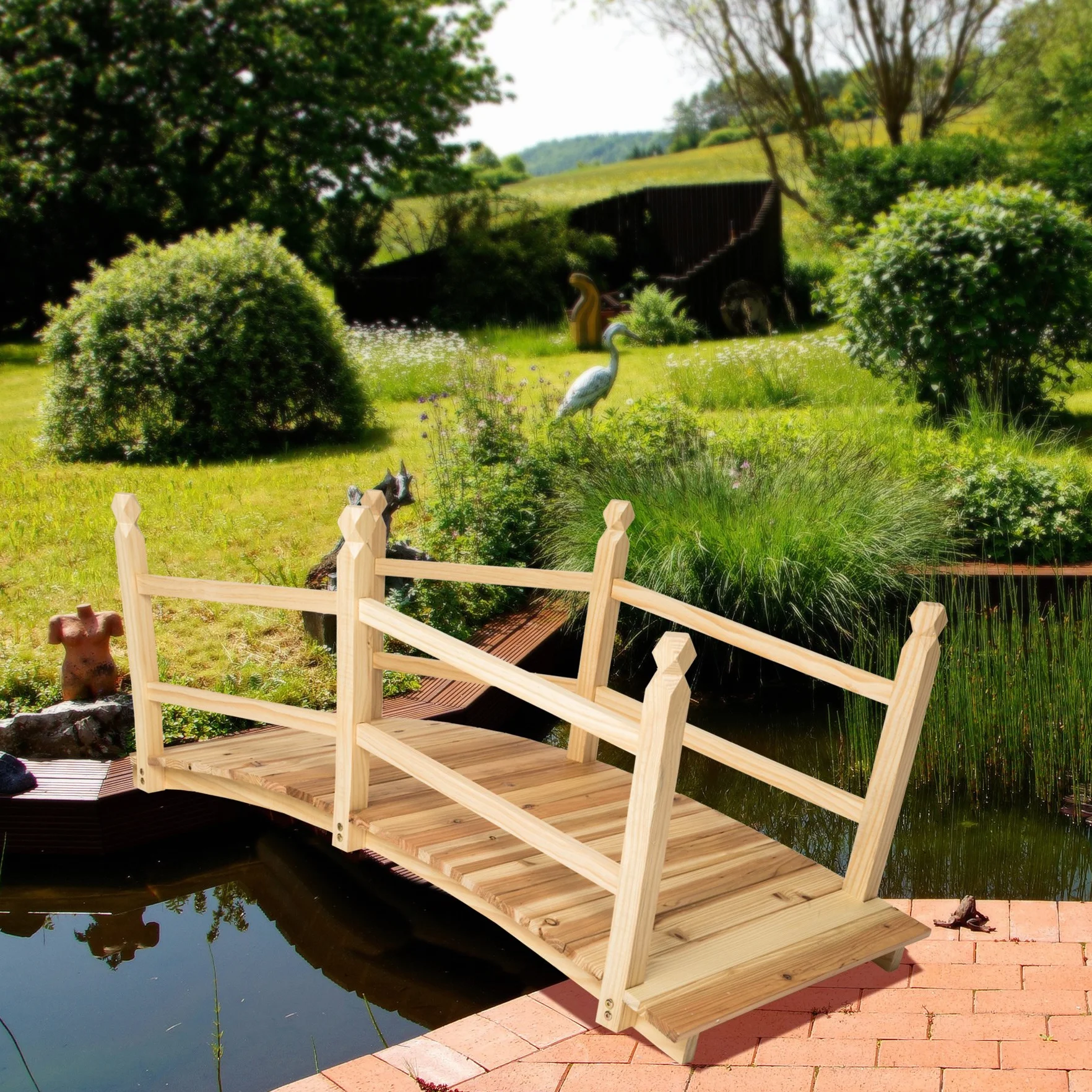 tectake® Ponte da Giardino con Ringhiera in Legno 137x58x58cm, Ponticello Esterno capacità Max 150 kg, Passerella Design arcuato, Decorazioni in Legno, Ideale Arredo Giardino, Laghetto - Marrone
