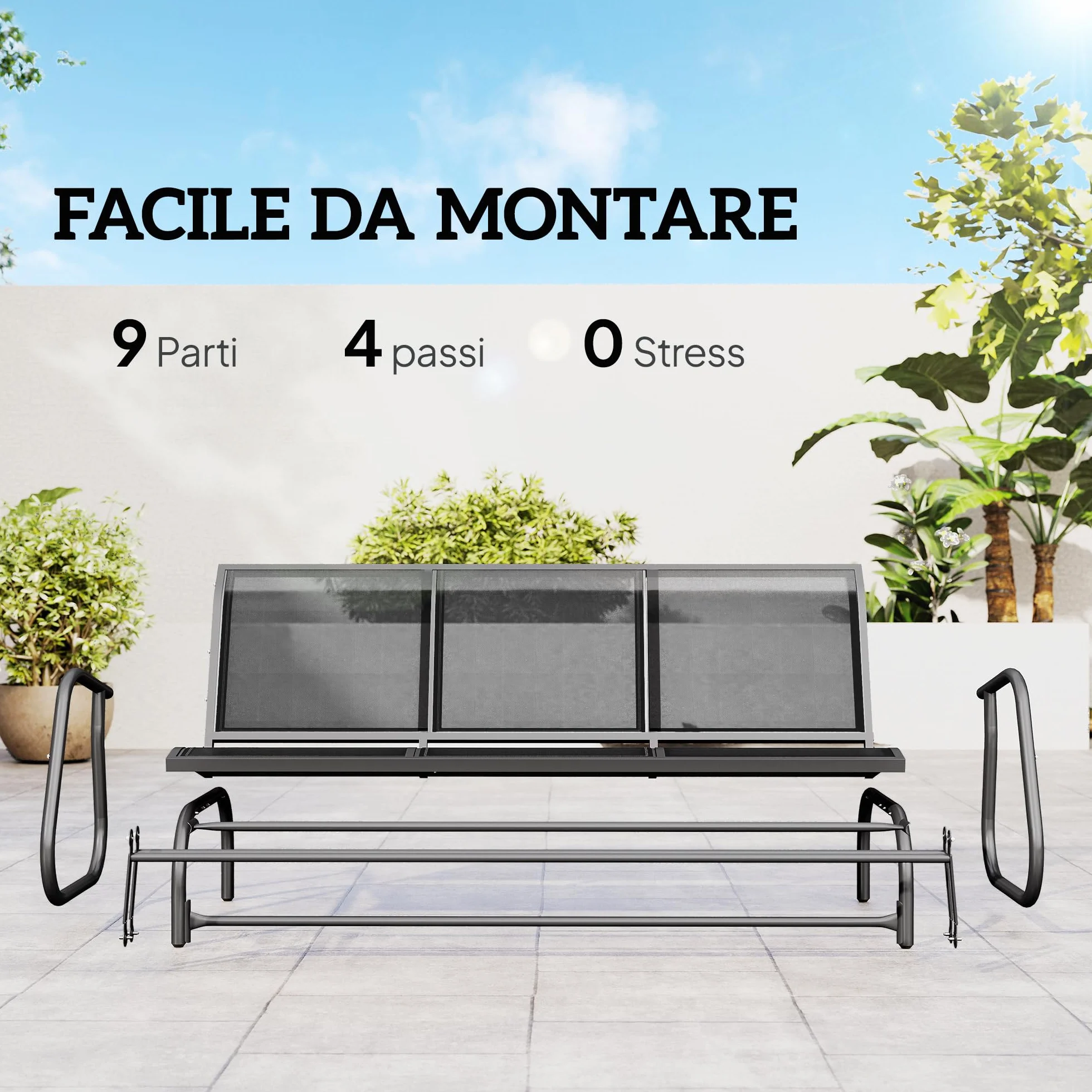 Outsunny Panchina a Dondolo da Giardino a 3 Posti in Metallo e Tessuto a Rete Traspirante, 147x70x85cm, Grigio