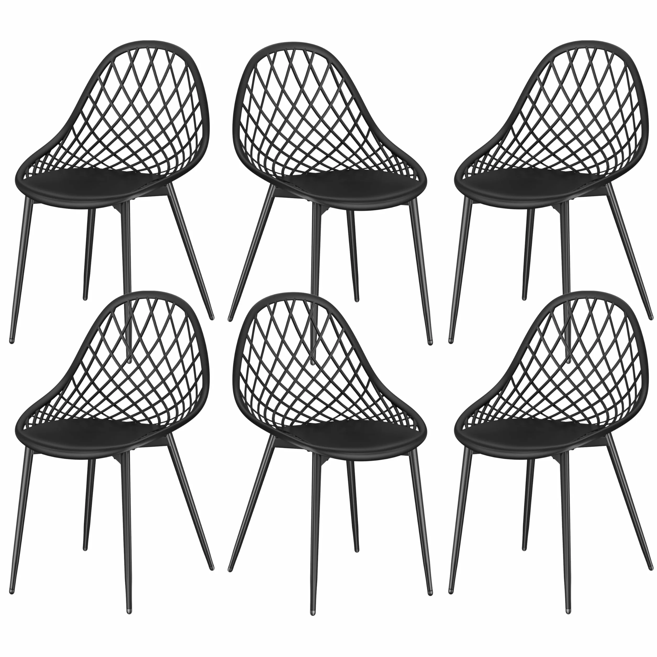 Sedie da Esterno, Set di 6, Schienale in Plastica Traforato, Piedi in Metallo, Polipropilene, Nero