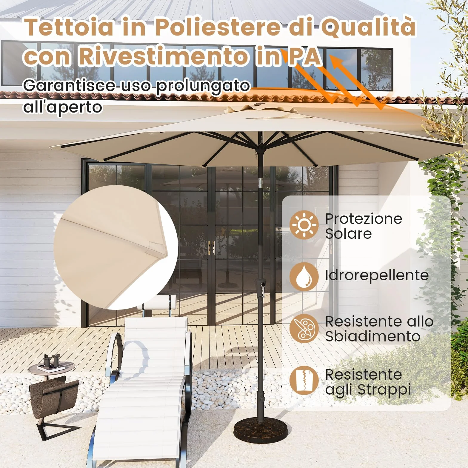 COSTWAY Ombrellone da Giardino 290 cm con Inclinazione Regolabile, 8 Stecche Manovella per Spiaggia Piscina Cortile Beige