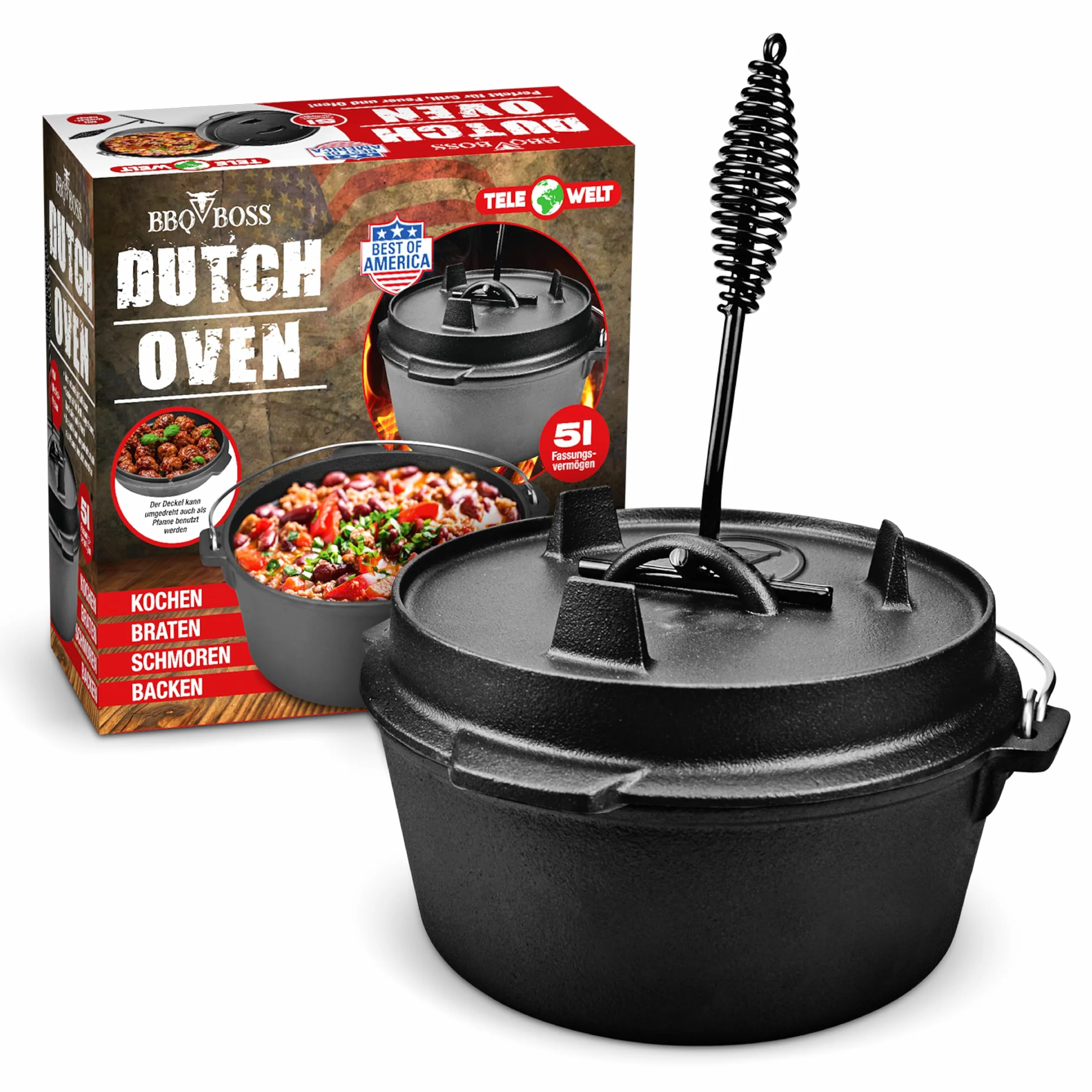 BBQ BOSS Dutch Oven [5L Capacità] Ghisa – Pentola – Cast Iron – Cast Iron – Casseruola – Bollitore per gulasch – Con coperchio