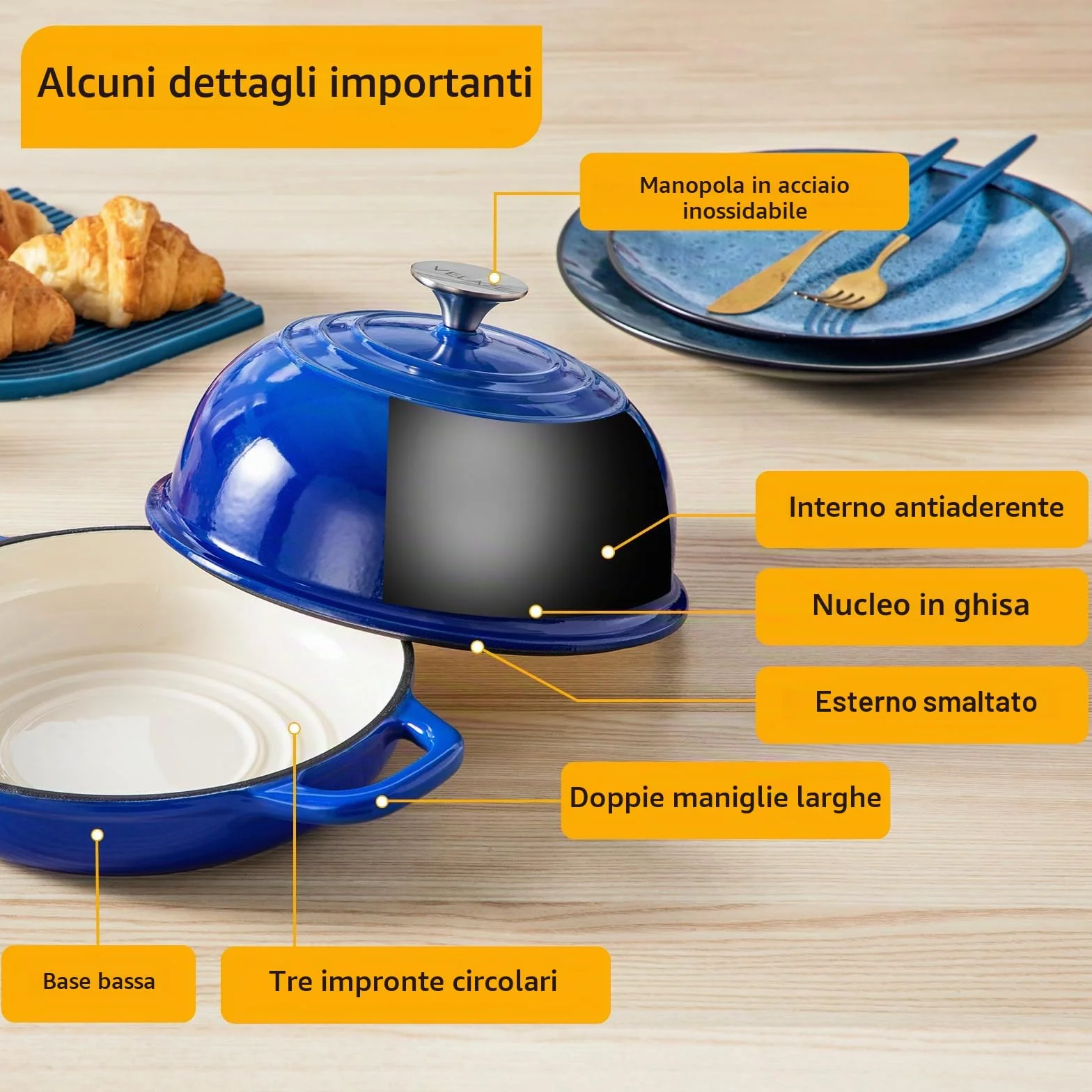 Velaze Pentola in Ghisa Smaltata 4.8L - Forno Olandese per Pane Rotondo Ø24cm con Coperchio Antiaderente, per Induzione (Blu)