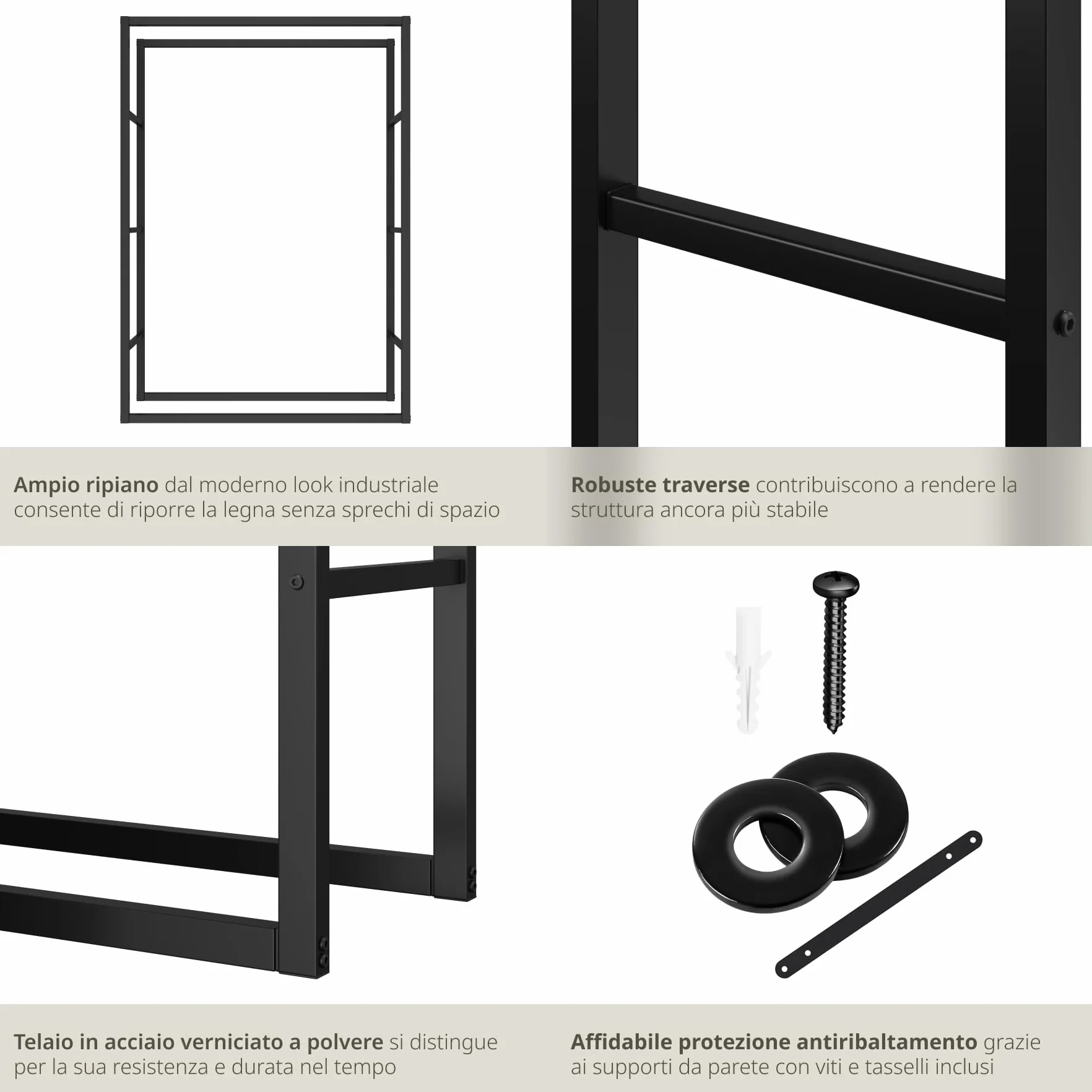 Tectake Scaffalatura Porta Legna Acciaio Verniciato Polvere 100,5x25x150 cm Nero