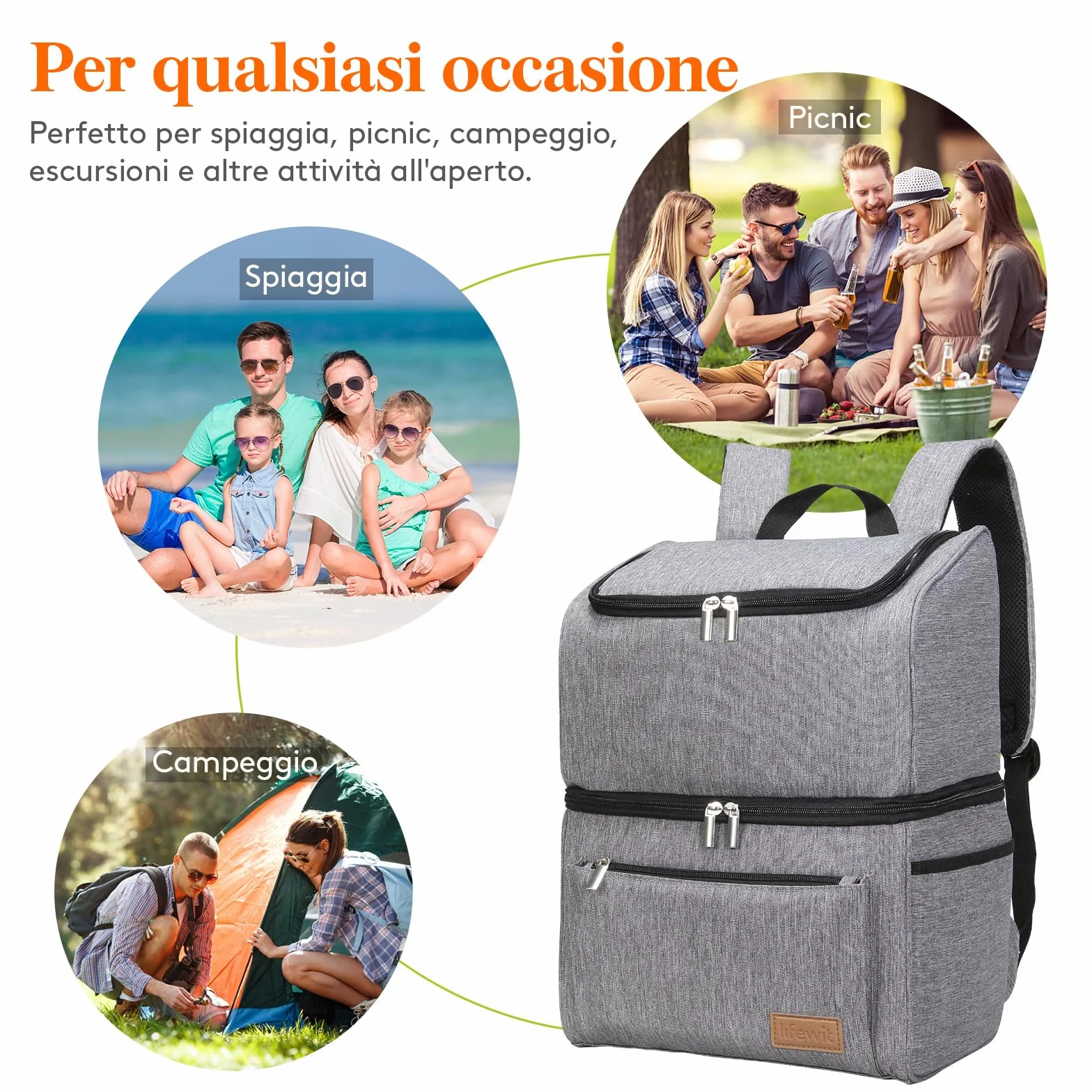 Lifewit Zaino Termico Borsa Frigo 21L Grande Doppio Strato Tenuta Stagna Portatile Grigio