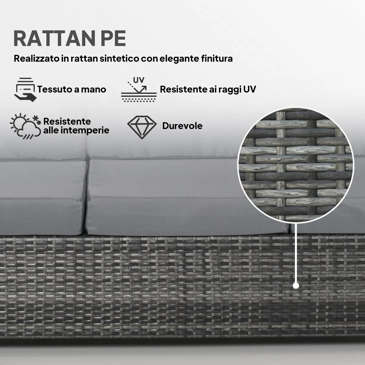 Outsunny Divanetto da Esterno 3 Posti in Rattan PE, Divano da Esterno con Cuscini Imbottiti e Sfoderabili, Struttura in Metallo per Giardino, Patio e Terrazzo, 185x70x80 cm, Grigio