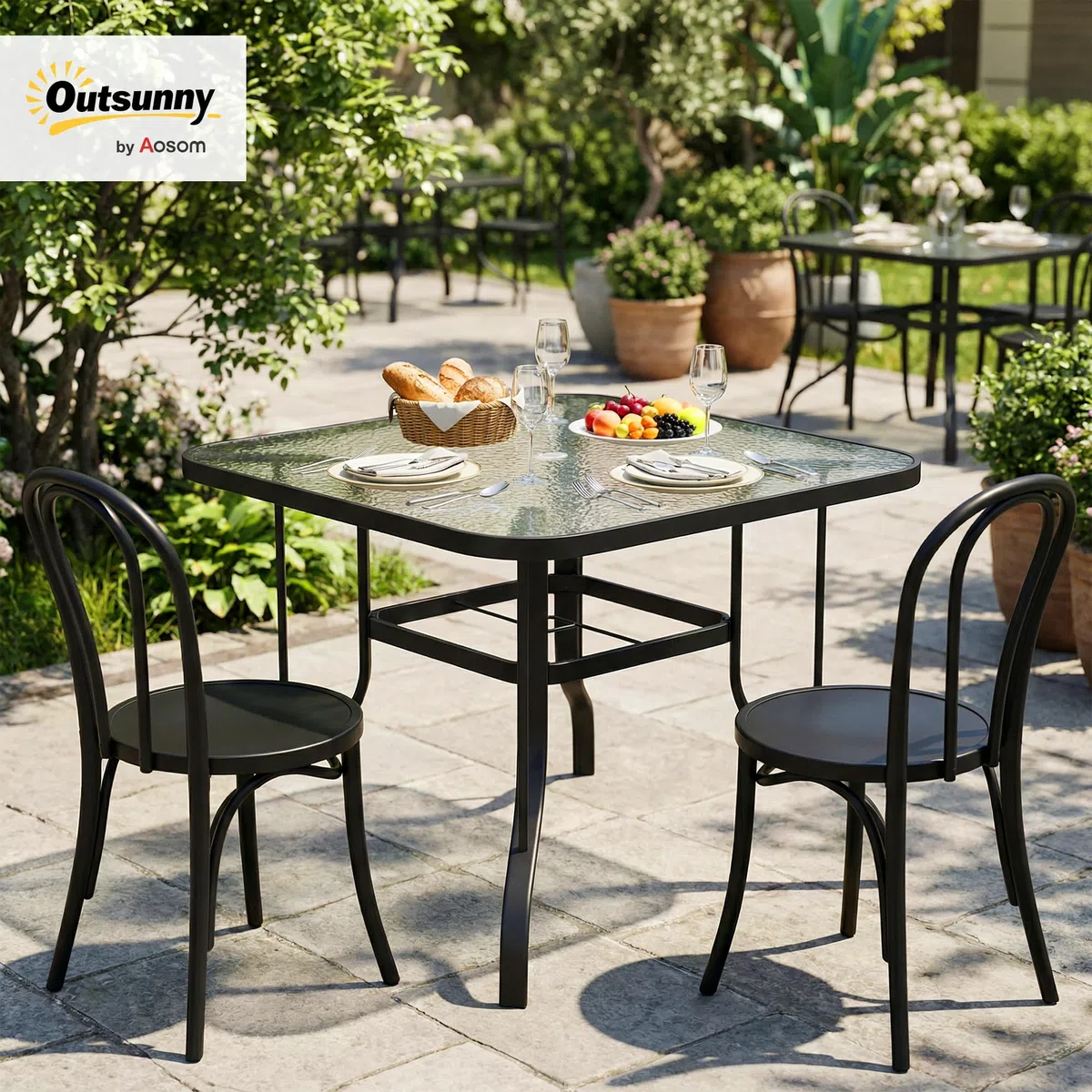 Outsunny Tavolo da Giardino per 4 Persone con Foro per Ombrellone Ø43 mm, Tavola da Pranzo da Esterno in Metallo e Vetro Temperato, Per Patio, Terrazzo, Balcone ed Esterno, 96.5x96.5x72 cm, Nero