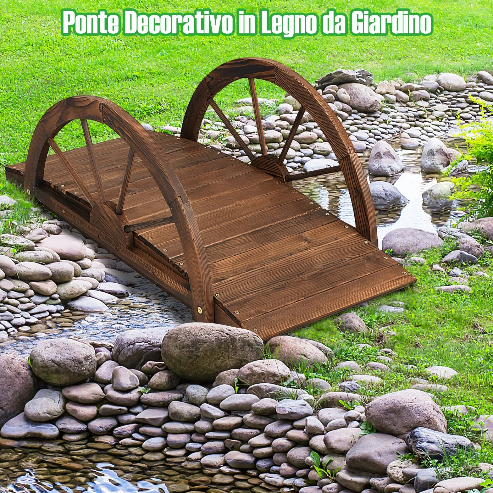 GYMAX Ponte da Giardino in Legno, con Ringhiera di Sicurezza a Forma di Ruota Finitura Tinta, da Esterno per Cortile Giardino Torrente Fattoria, 101,5 x 48,5 x 38 cm