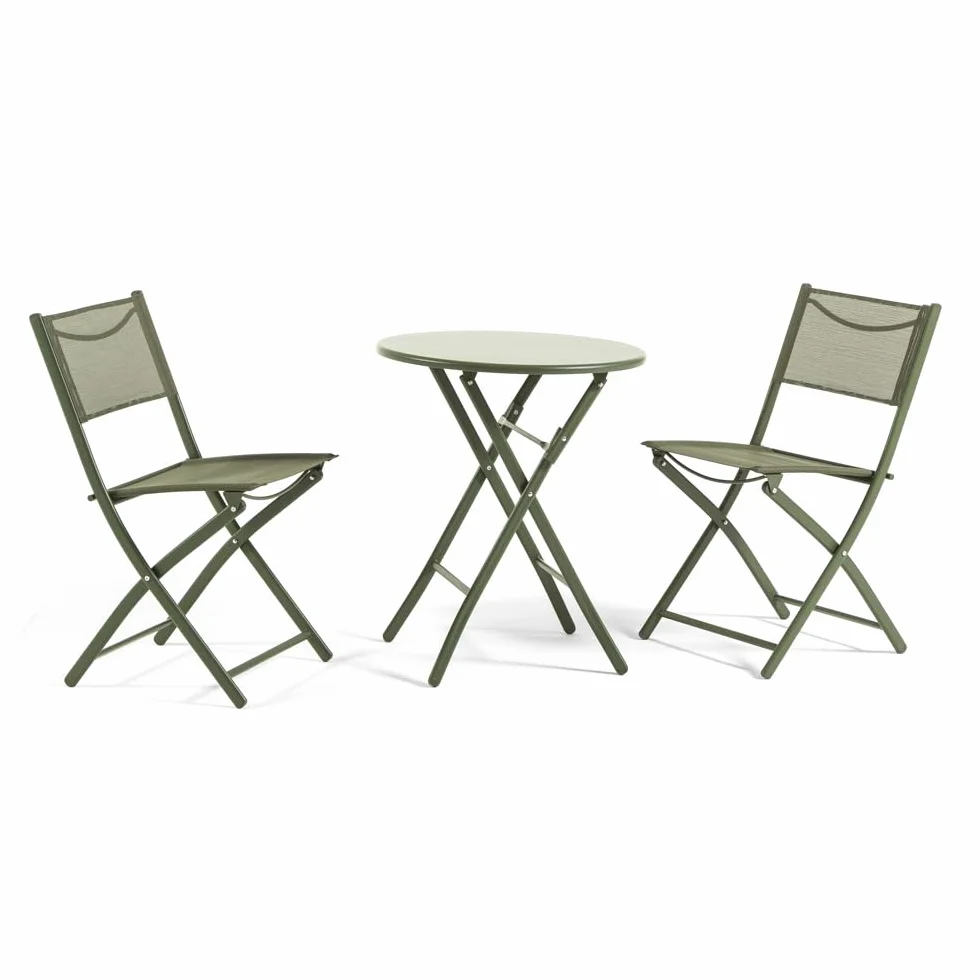 UBERTI. Set Bistrò Pieghevole Balcone Tavolino Rotondo Metallo 2 Sedie Metallo Textilene Verde Oliva