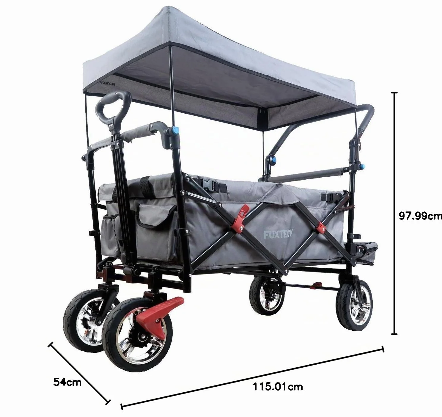 FUXLIFE Carrello Pieghevole FX-CT800 Grigio • Bollerwagen richiudibile con spazio extra per le gambe • Tettuccio parasole e ruote larghe • Volume 105 L e portata 75 kg