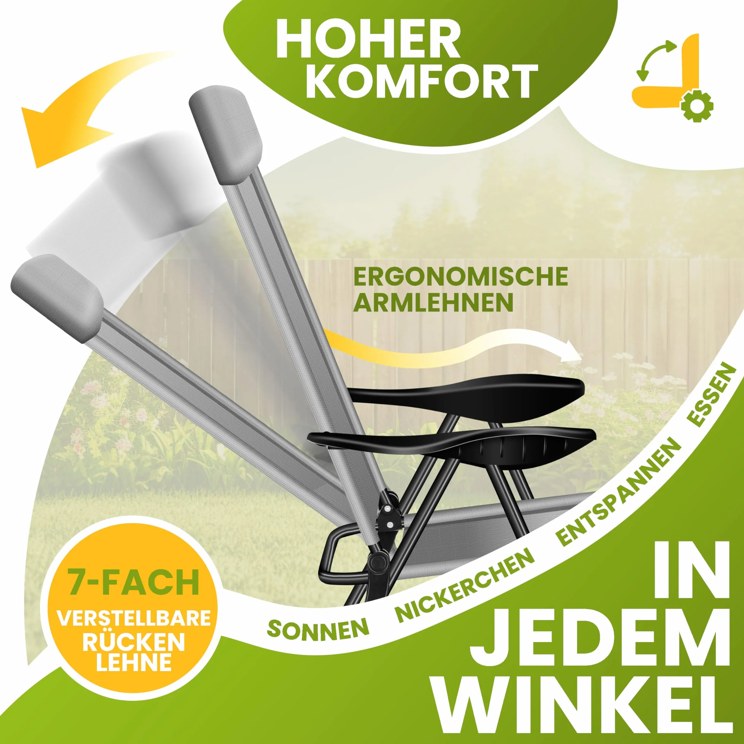 KESSER® Set di 2 sedie da Giardino, Sedia Pieghevole in Alluminio con Schienale Alto Regolabile in 7 direzioni con braccioli, Sedia da Balcone, Sedia da Campeggio Pieghevole Traspirante