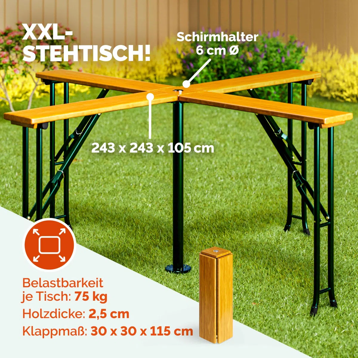 Deuba Tavolo Quattro XXL Alto Set Birreria 20 Persone con Supporto Ombrellone Pieghevole Legno Fiere