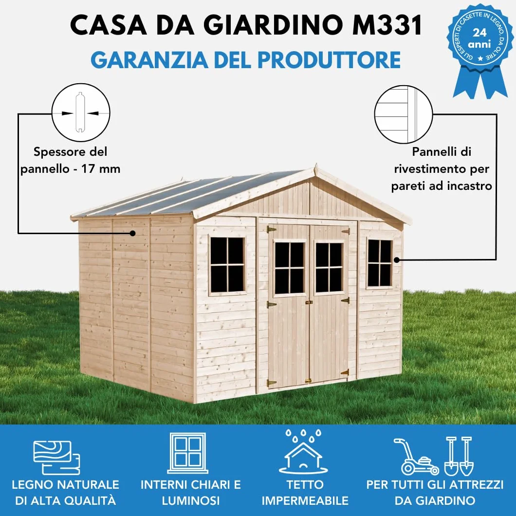 Casa da giardino in legno naturale A246x418x320 cm/12 m²- Magazzino esterno con finestre - Capanno da giardino - Bici, Deposito attrezzi e rimessa TIMBELA M331