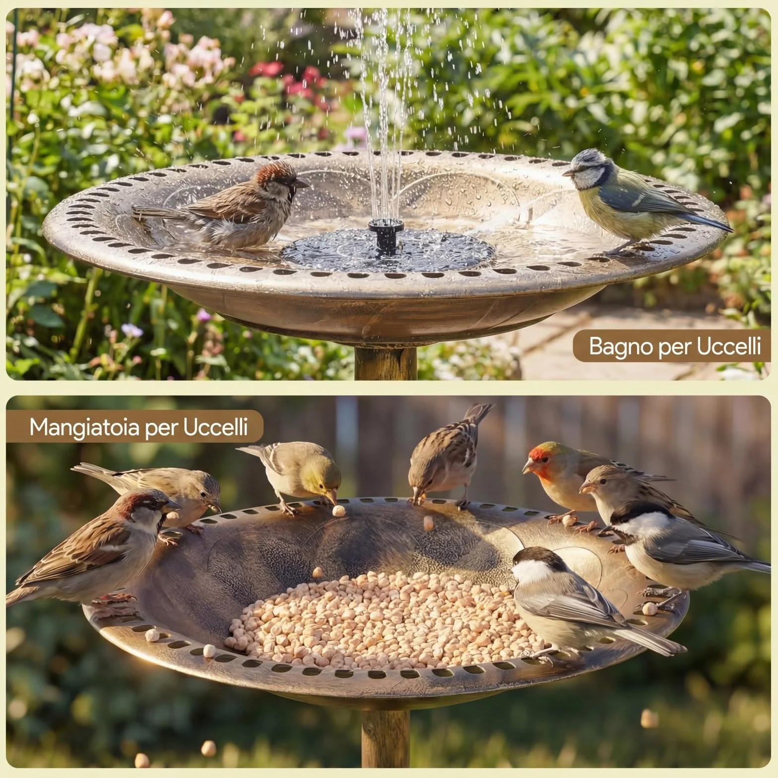 COSTWAY Mangiatoia per Uccelli da Esterno 2 in 1, Fontana con 6 Ugelli, Resistente alle Intemperie per Giardino