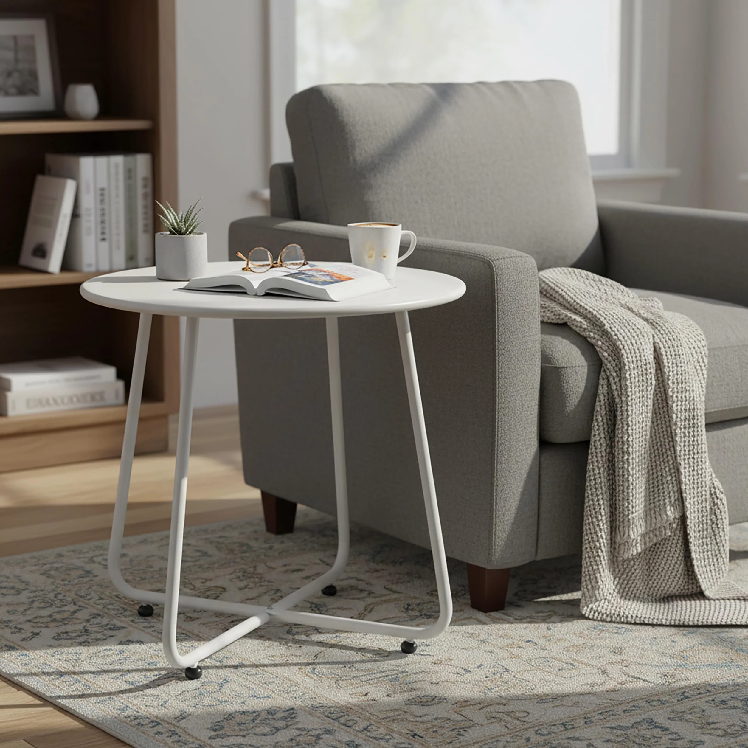 Relaxdays Tavolino Rotondo in Metallo Resistente alle intemperie, 46x44 cm, Bianco, da Interno/Esterno