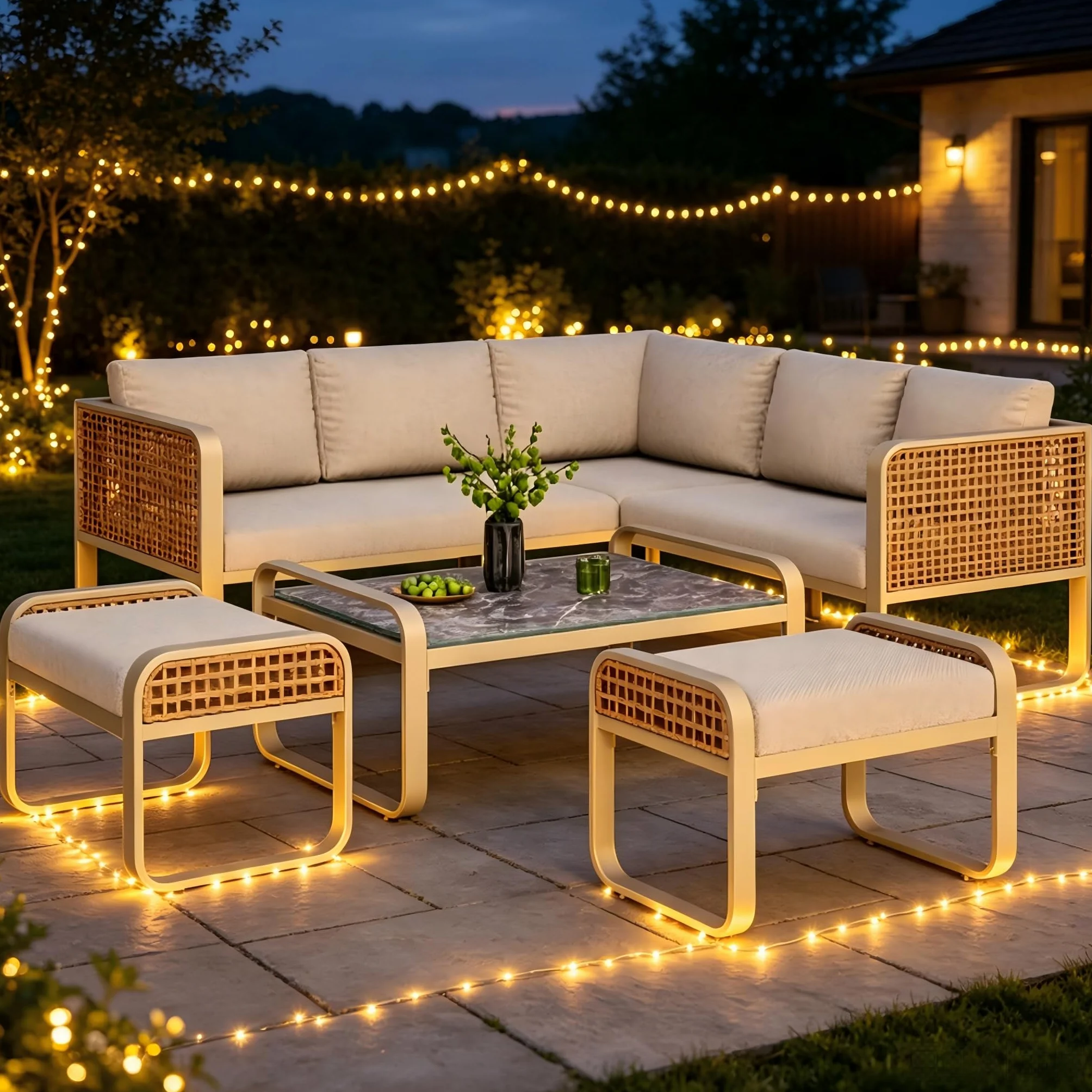 Set divano angolo rattan ferro zincato 120x61x69 cm beige per 6-7 persone
