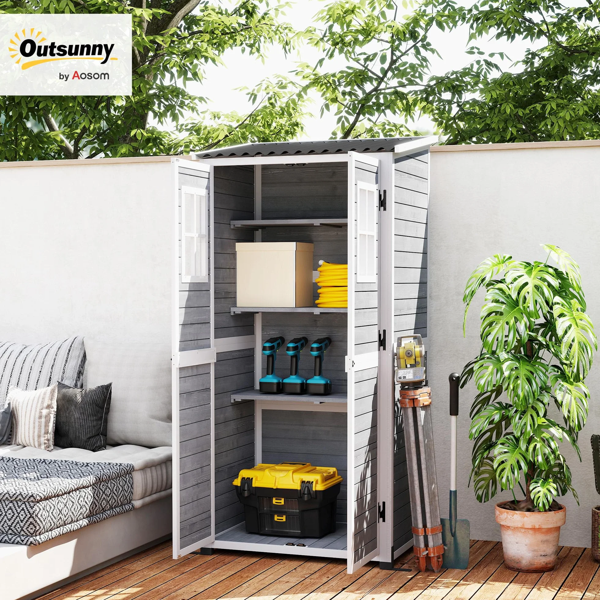 Outsunny Capanno Porta Attrezzi da Giardino in Legno di Abete con 2 Finestre e Ripiani Regolabili, Casetta Attrezzi Giardino Bloccabile, Tetto Spiovente per Patio Terrazza, 91x69x192cm, Grigio Chiaro