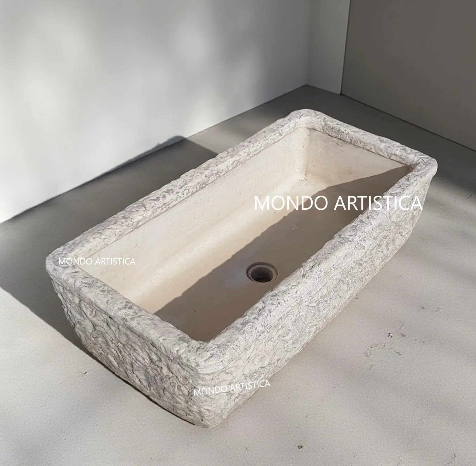 Lavandino, Lavabo, Pilozzo, Vasca Unica, Fontana Da Esterno, Per Giardino Altezza 22 cm, Larghezza 80x40 Cm, In Cemento Bianco E Polvere Di Marmo, Colore Sfumato Grigio