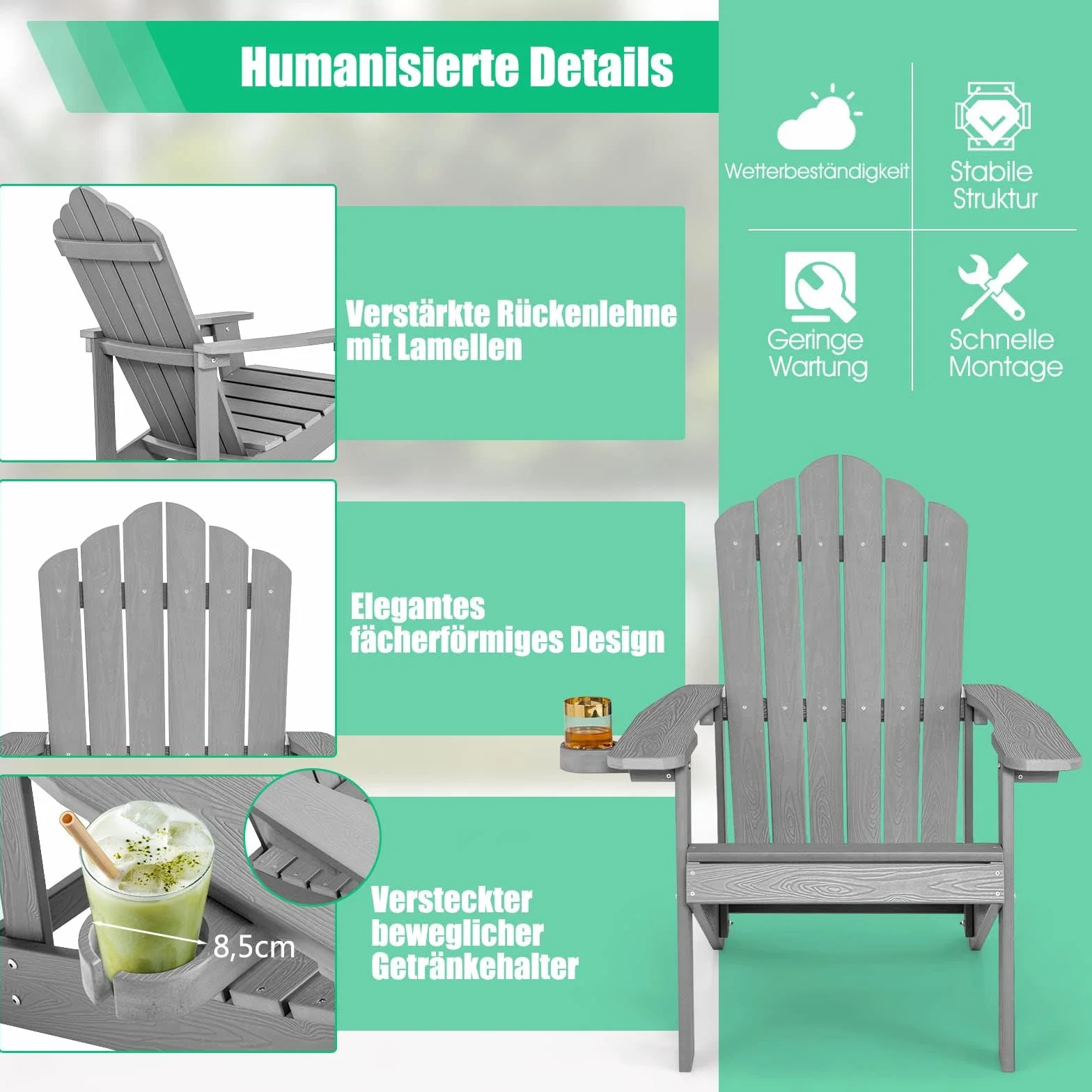 FANTASK Adirondack - Sedia da giardino resistente alle intemperie, in plastica, portata 170 kg, colore: Grigio chiaro