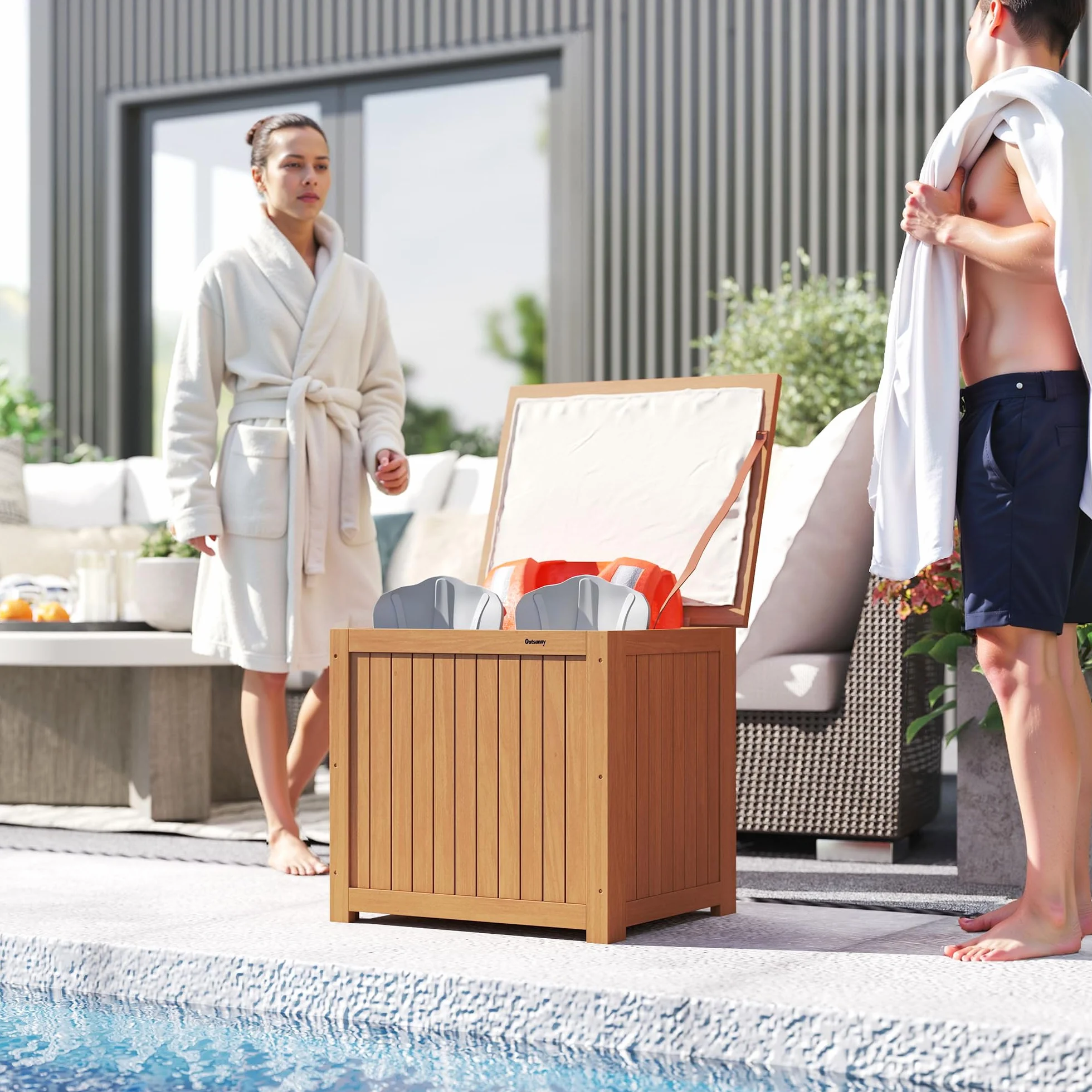 Outsunny Baule da Esterno 130L Legno Coperchio Cerniera, Contenitore Giardino Protezione UV, 63x51x58.5 cm, Marrone
