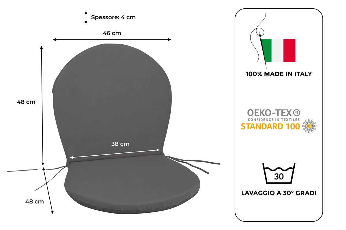 Cuscini da Esterno per Sedia Ronda emu, Set di 2, Grigio Antracite, Tessuto Acrilico Dralon, 96x46 cm, Made in Italy