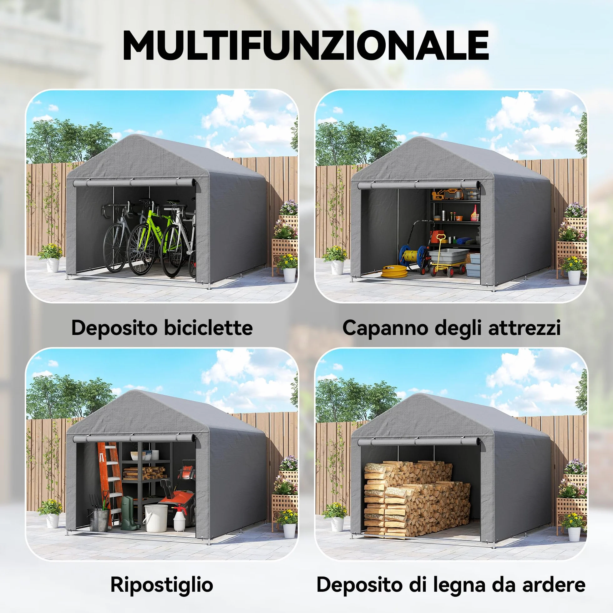 Outsunny 2x2.4 m Garage Moto per Esterno, Tenda Garage con Copertura Impermeabile, Porta Avvolgibile a Cerniera, per Biciclette e Attrezzi in Acciaio Zincato, da Giardino, Grigio Chiaro