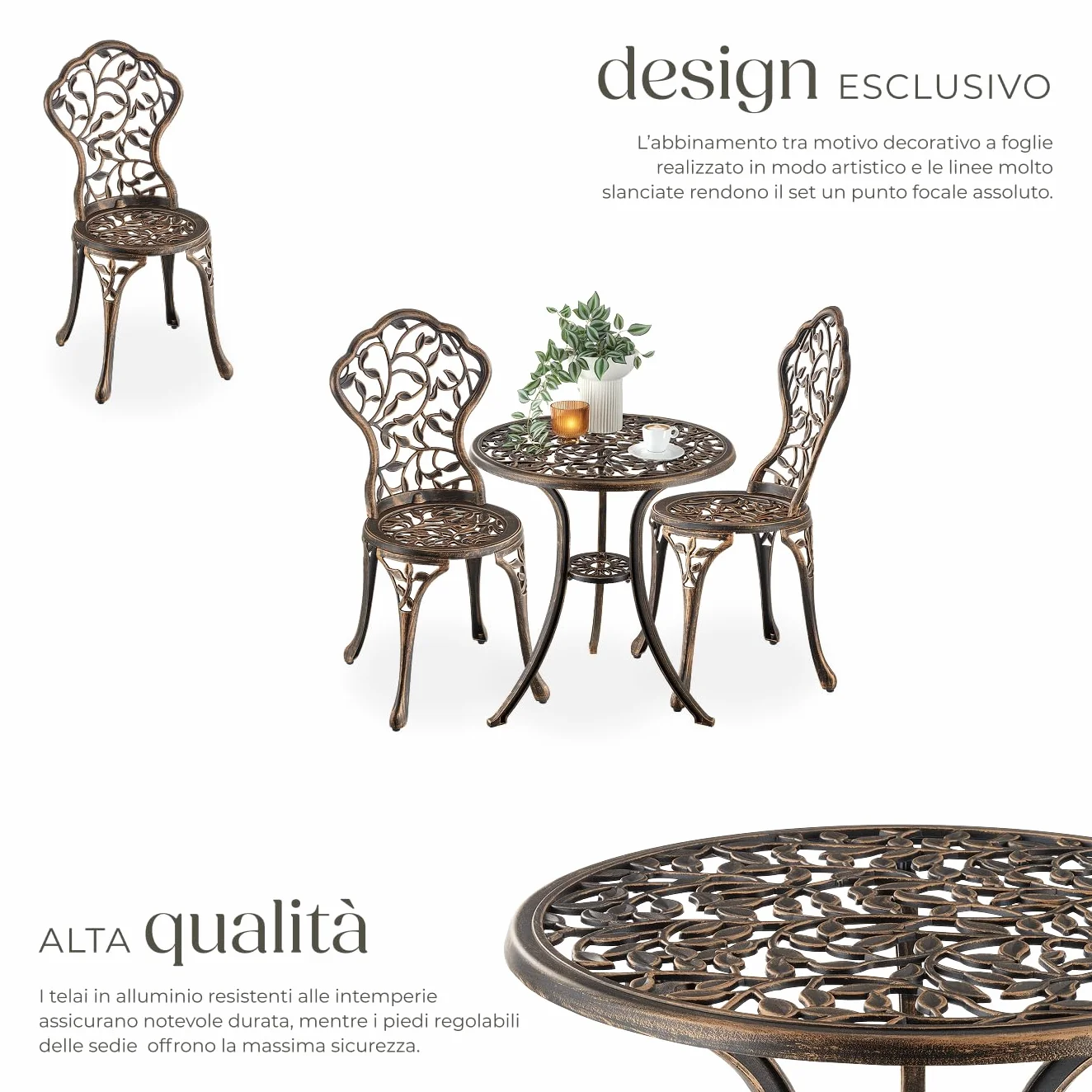 Tectake Bistrot Set per 2 Persone, Tavolo e Sedie da Giardino in Alluminio, Motivo Foglia Vintage