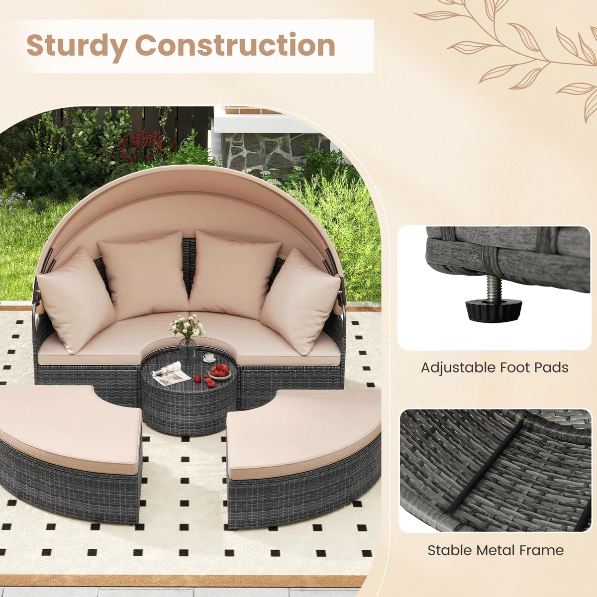 LIFEZEAL Isola Prendisole, Rattan Intrecciato a Mano, Componibile, Letto con Tettuccio Parasole Regolabile da Giardino Esterno, Salttto con Divani, Tavolino, Cuscini, Balcone, Mare, Piscina (beige)