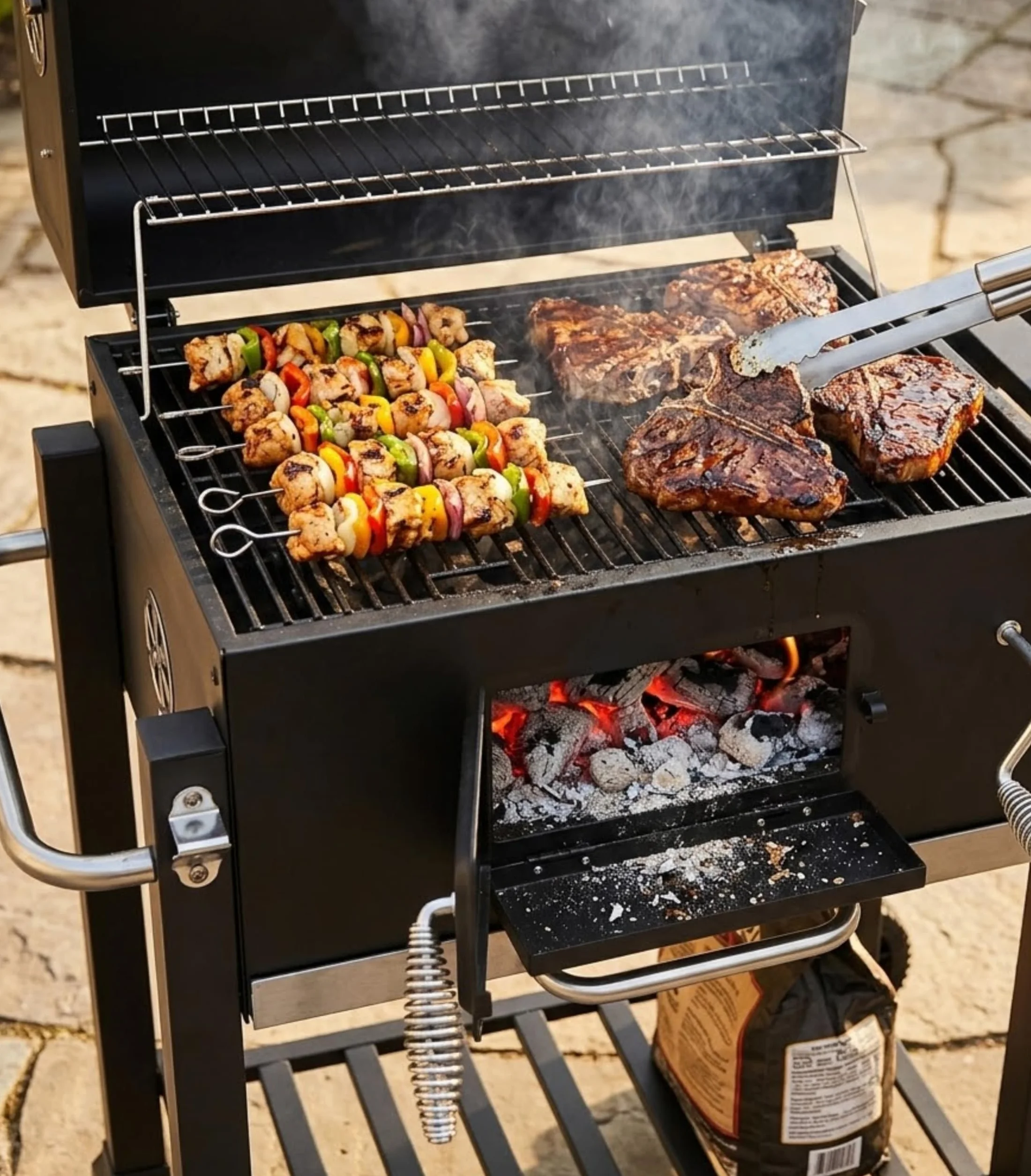 Meridiana Barbecue a Carbonella XXL con Coperchio e Termometro, Griglia in Acciaio Inox