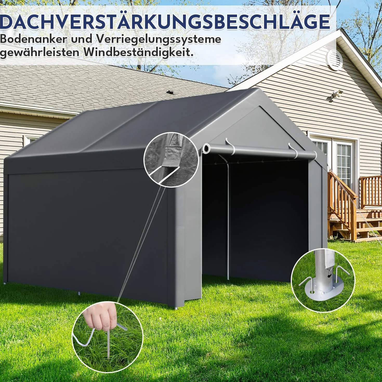 Tenda da garage con telone in PE resistente alle intemperie, impermeabile, con 2 pareti laterali e 10 picchetti, protezione UV, per auto, SUV, barca, 3 x 4 m