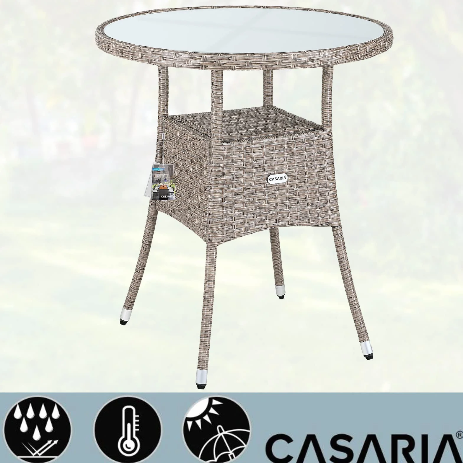 Casaria Tavolo Rotondo da Giardino Polyrattan Ø60 Piano in Vetro 5mm Altezza Regolabile