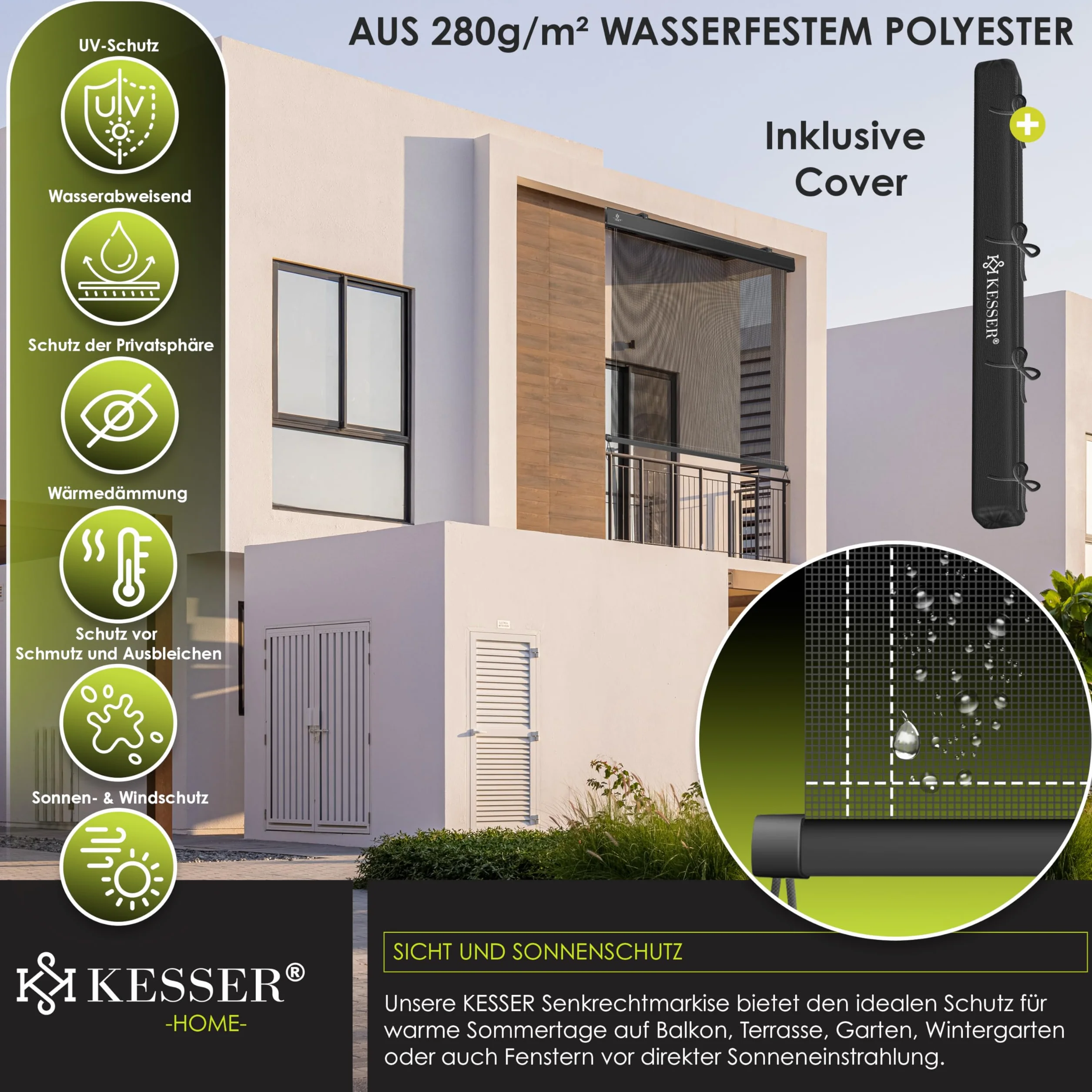 KESSER Tenda a rullo verticale 140 x 250 cm meccanismo a manovella protezione solare privacy balcone terrazza kit montaggio