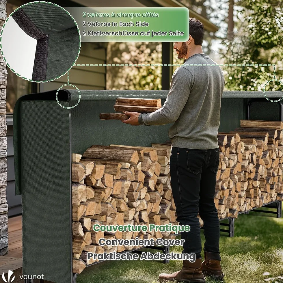 VOUNOT Legnaia da Esterno in Metallo 300 x 116 x 36 cm Verde Portalegna con Copertura Impermeabile
