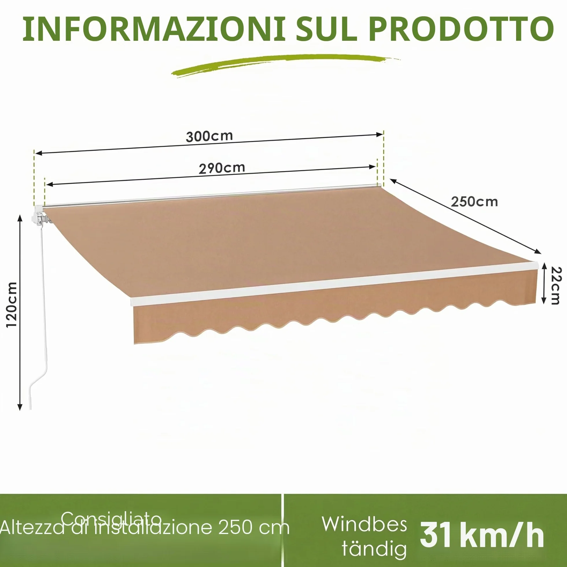 LIFERUN Tenda a bracci snodati 300x250 cm UPF 50+ impermeabile manovella supporto parete Regolazione angolare 52-75° Cachi