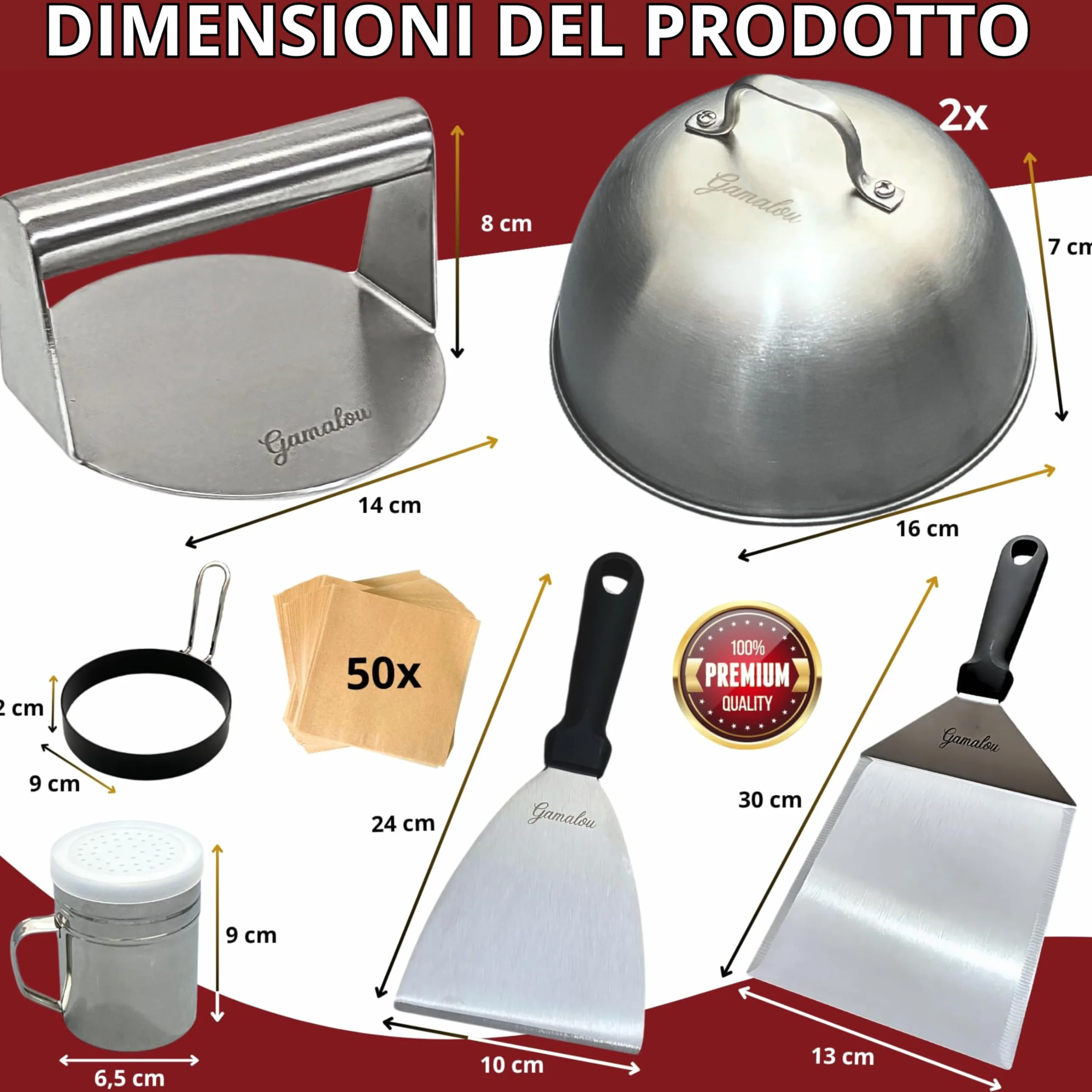 Smash Burger Kit Professionale in Acciaio Inox: Pressa Hamburger, Spatola 13 cm, Raschietto 10 cm, 2 Cloche, Anelli Uovo e Spargispezie per Griglia, Piastra, Padella – Certificato EU