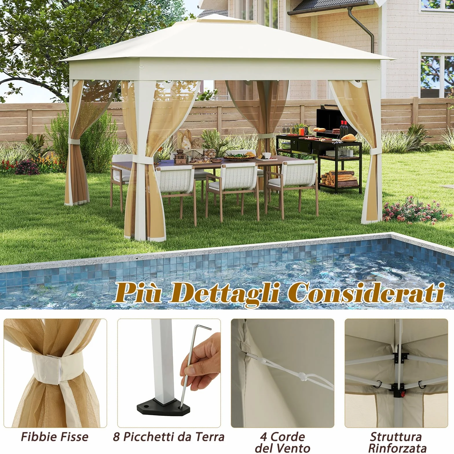 COSTWAY Gazebo Pieghevole 3,4 x 3,4 m con Zanzariera e Tende Laterali Tenda da Giardino Antivento 210D Beige