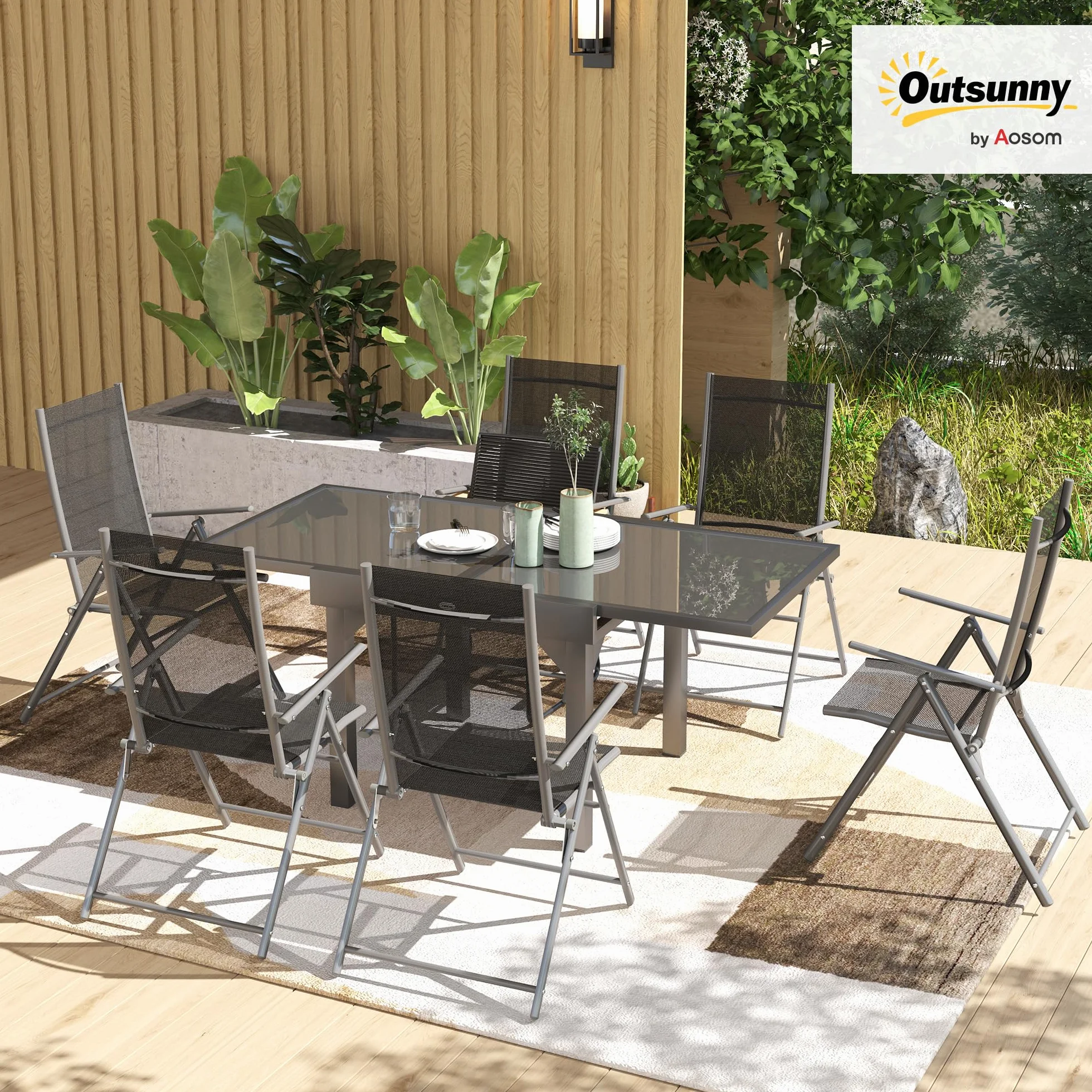 Outsunny Set Tavolo e Sedie da Esterno 7 Pezzi, Tavolo Allungabile con Piano in Vetro, 6 Sedie Pieghevoli con Braccioli, Acciaio e Textilene, Grigio