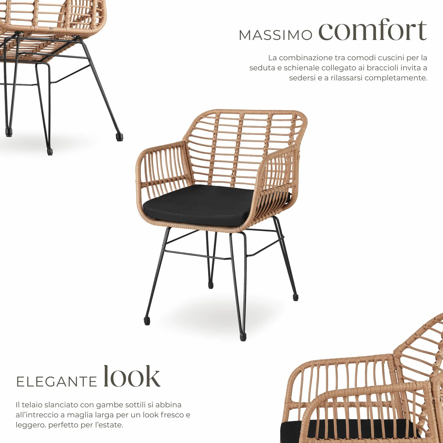 tectake Salottino in Rattan Set da Balcone 3 Pezzi 2 Sedie 120 kg Tavolo Vetro Sicuro Resistente Intemperie Terrazza Giardino Piedini Regolabili