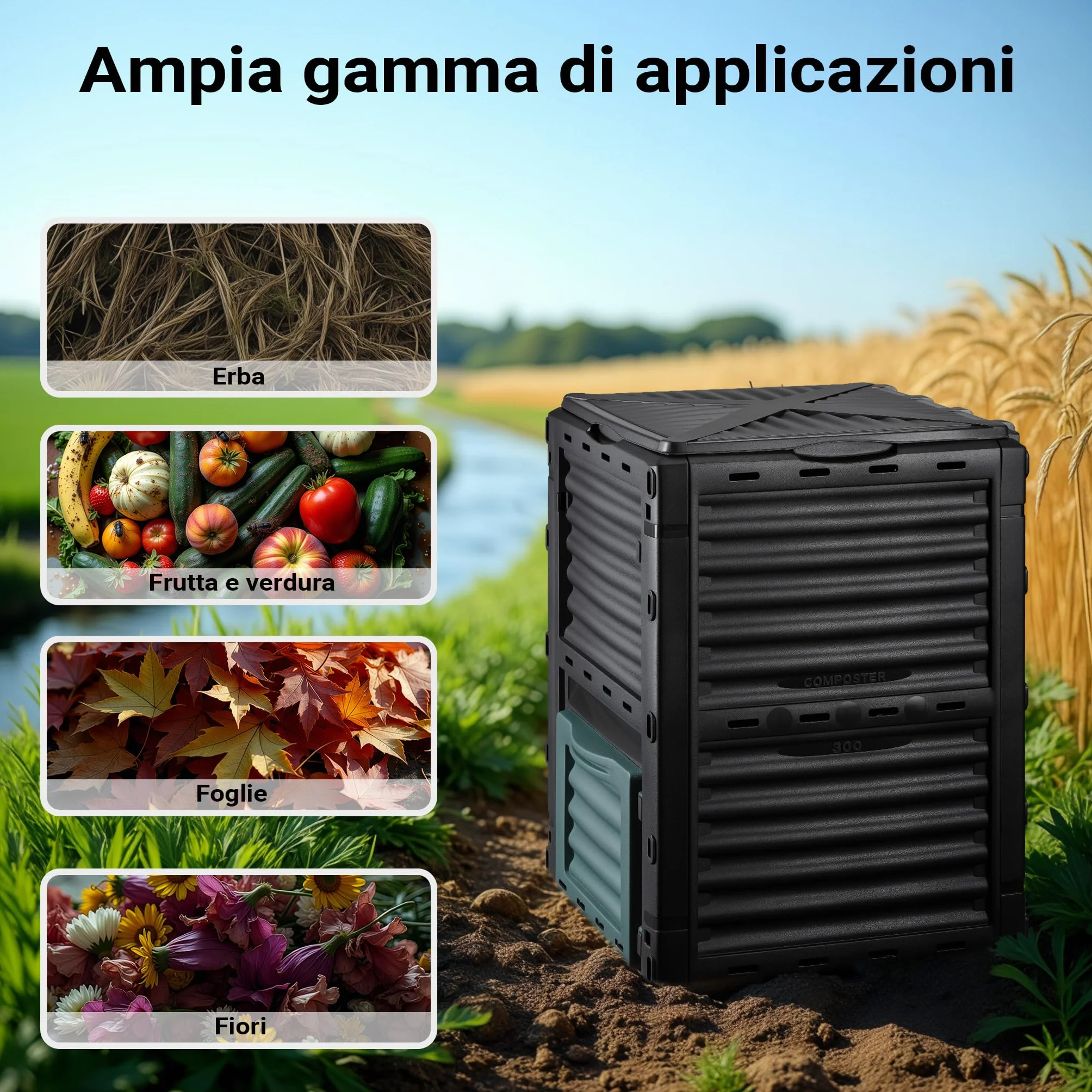 Wiltec Compostiera da 300 litri 61 x 61 x 82 cm, plastica giardino con coperchio e sportello