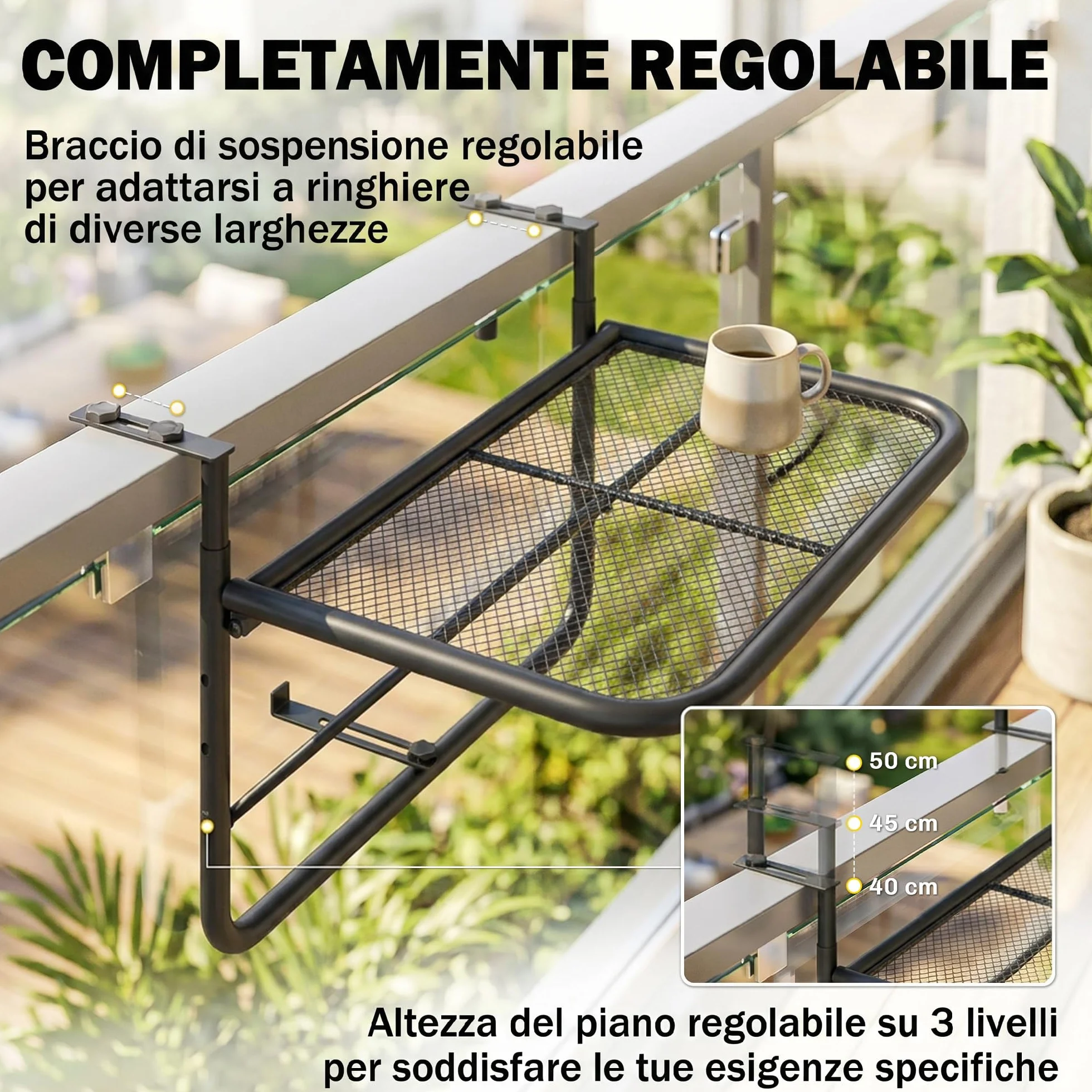 Outsunny Tavolino da Balcone Pieghevole in Metallo 3 Altezze Regolabili 60x56.5x45cm Nero
